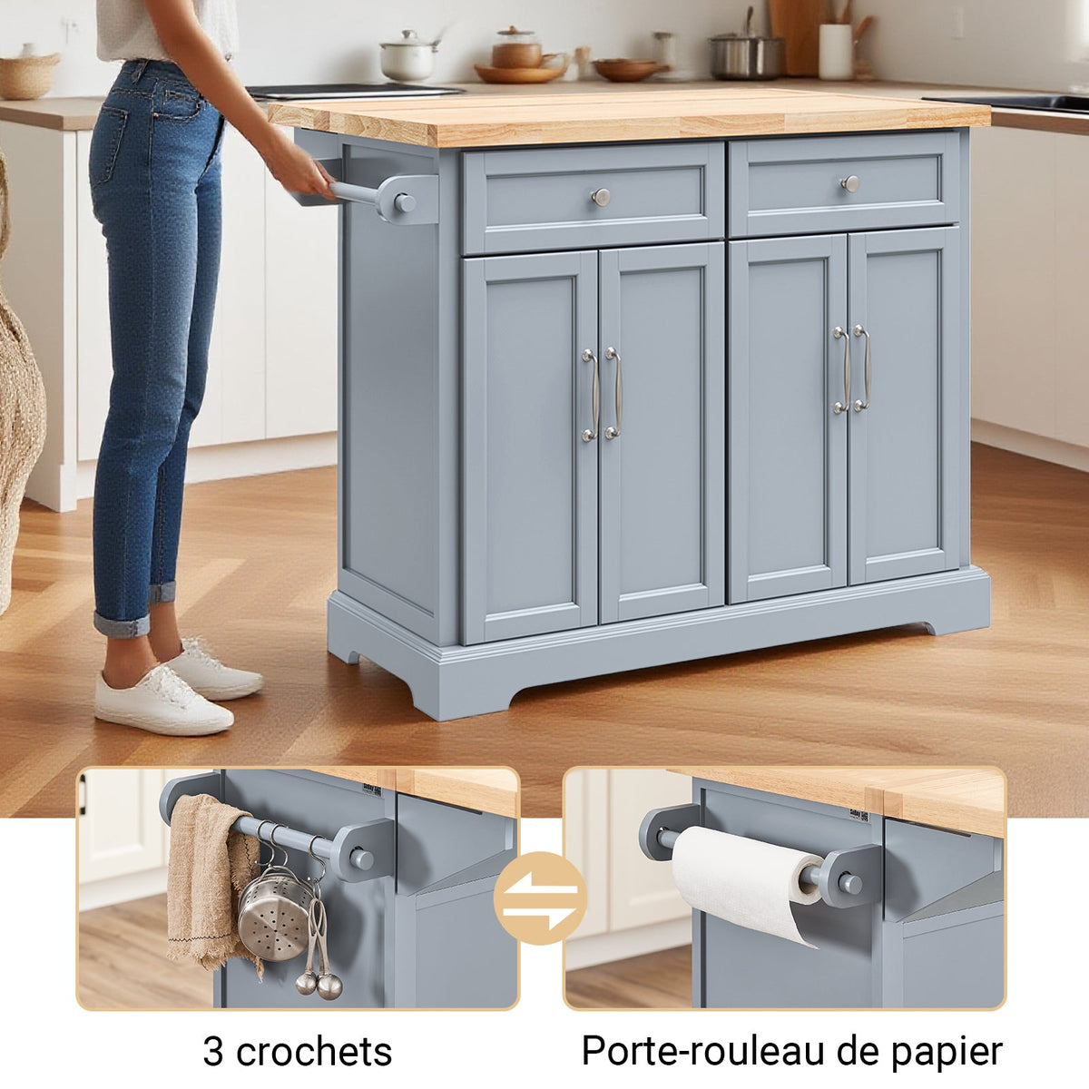 SoBuy FKW71-II-HG Îlot Cuisine Mobile avec Plan Extensible – Gain de Place, Gris