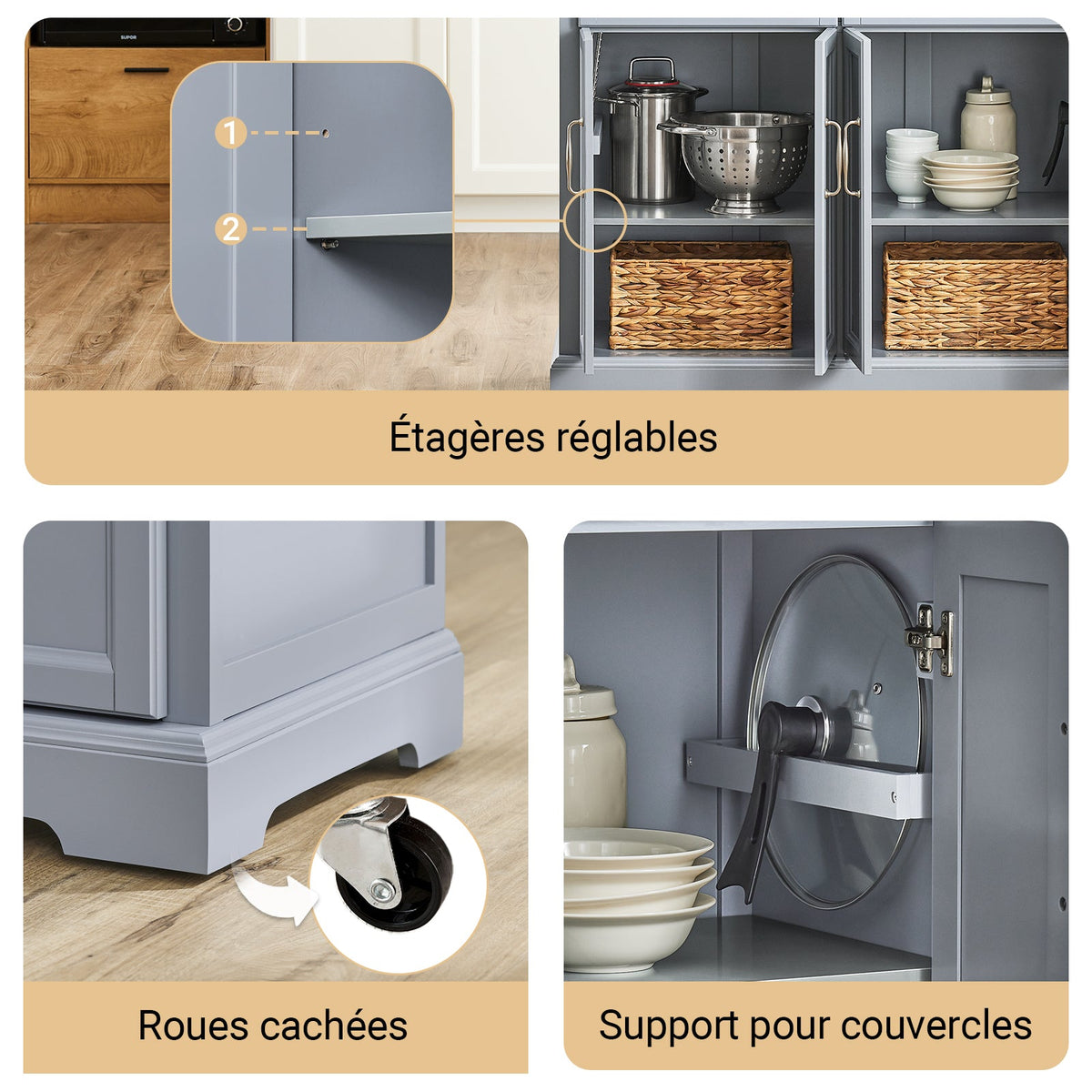 SoBuy FKW71-II-HG Îlot Cuisine Mobile avec Plan Extensible – Gain de Place, Gris