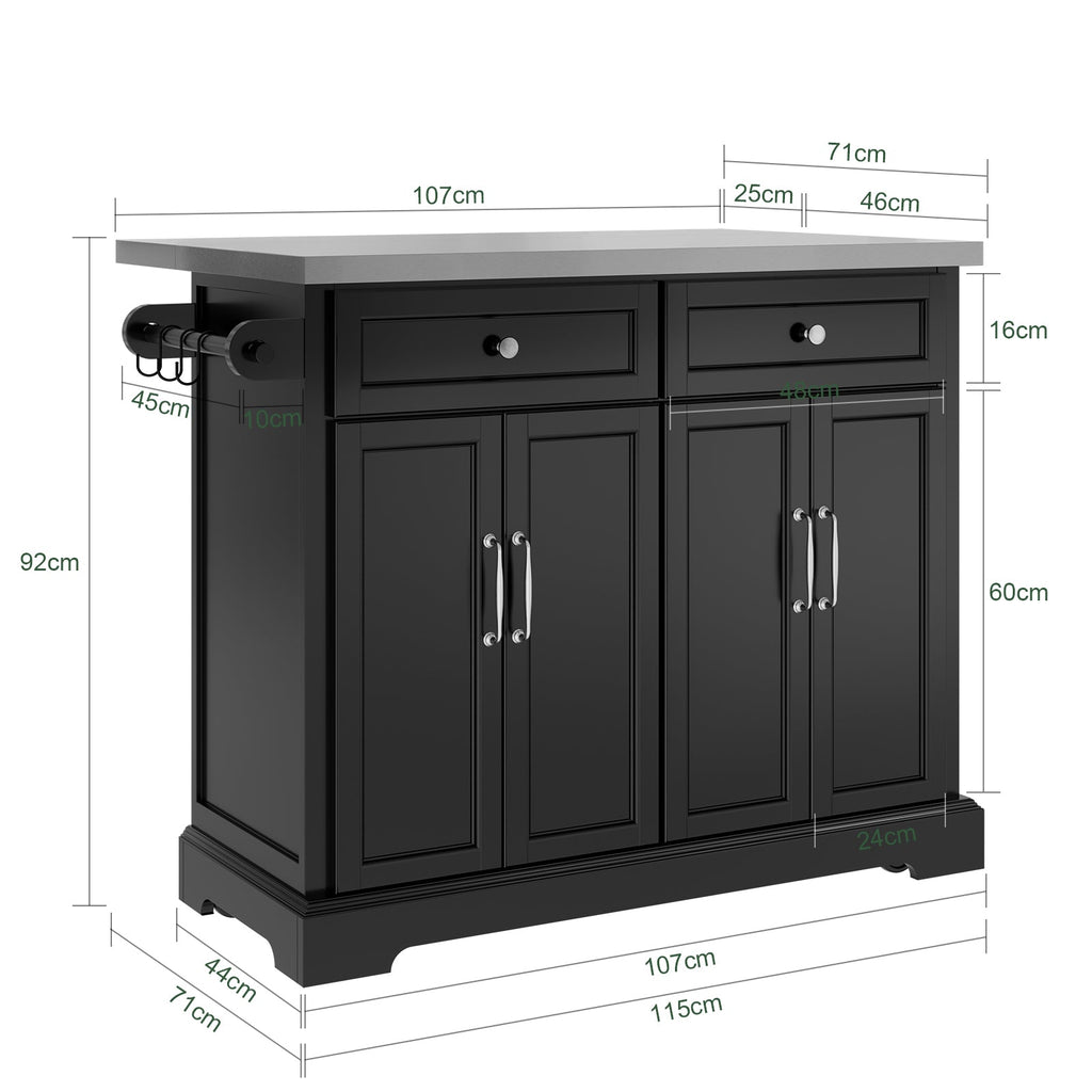 SoBuy FKW71-III-SCH Îlot de Cuisine Mobile avec Plan Inox Extensible 46–71 cm – 2 Tiroirs, Étagères Réglables, Noir