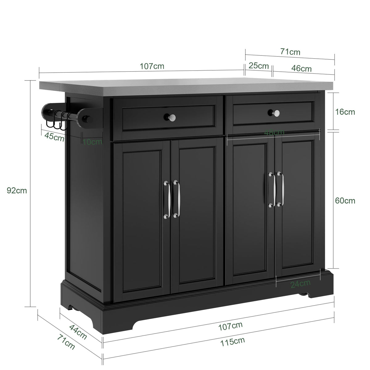 SoBuy FKW71-III-SCH Îlot de Cuisine Mobile avec Plan Inox Extensible 46–71 cm – 2 Tiroirs, Étagères Réglables, Noir