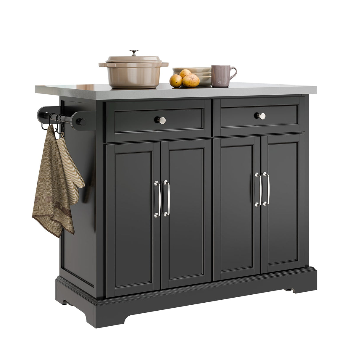 SoBuy FKW71-III-SCH Îlot de Cuisine Mobile avec Plan Inox Extensible 46–71 cm – 2 Tiroirs, Étagères Réglables, Noir