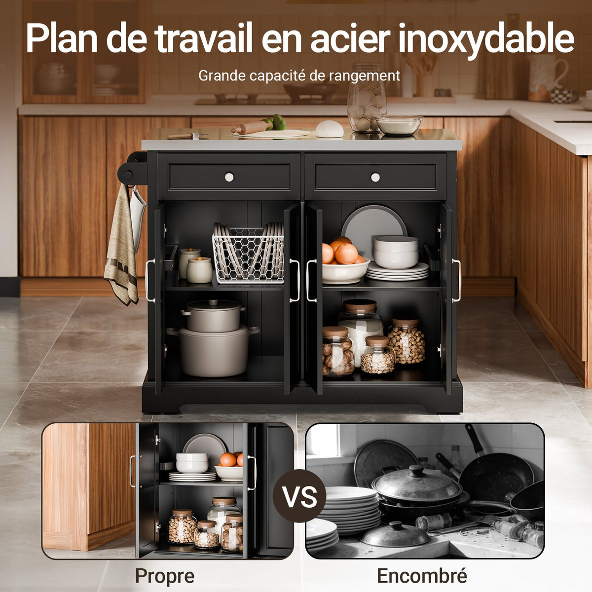 SoBuy FKW71-III-SCH Îlot de Cuisine Mobile avec Plan Inox Extensible 46–71 cm – 2 Tiroirs, Étagères Réglables, Noir