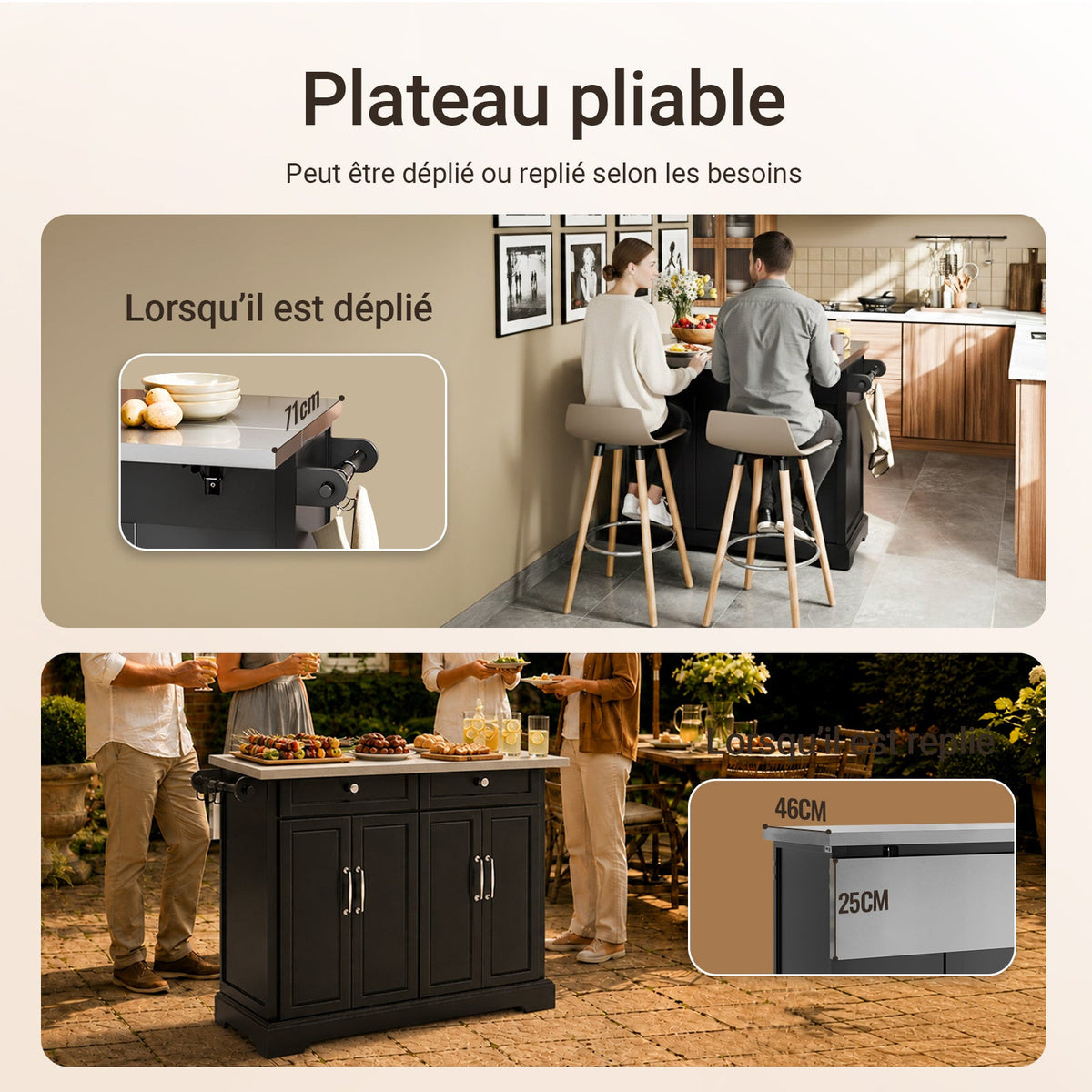 SoBuy FKW71-III-SCH Îlot de Cuisine Mobile avec Plan Inox Extensible 46–71 cm – 2 Tiroirs, Étagères Réglables, Noir