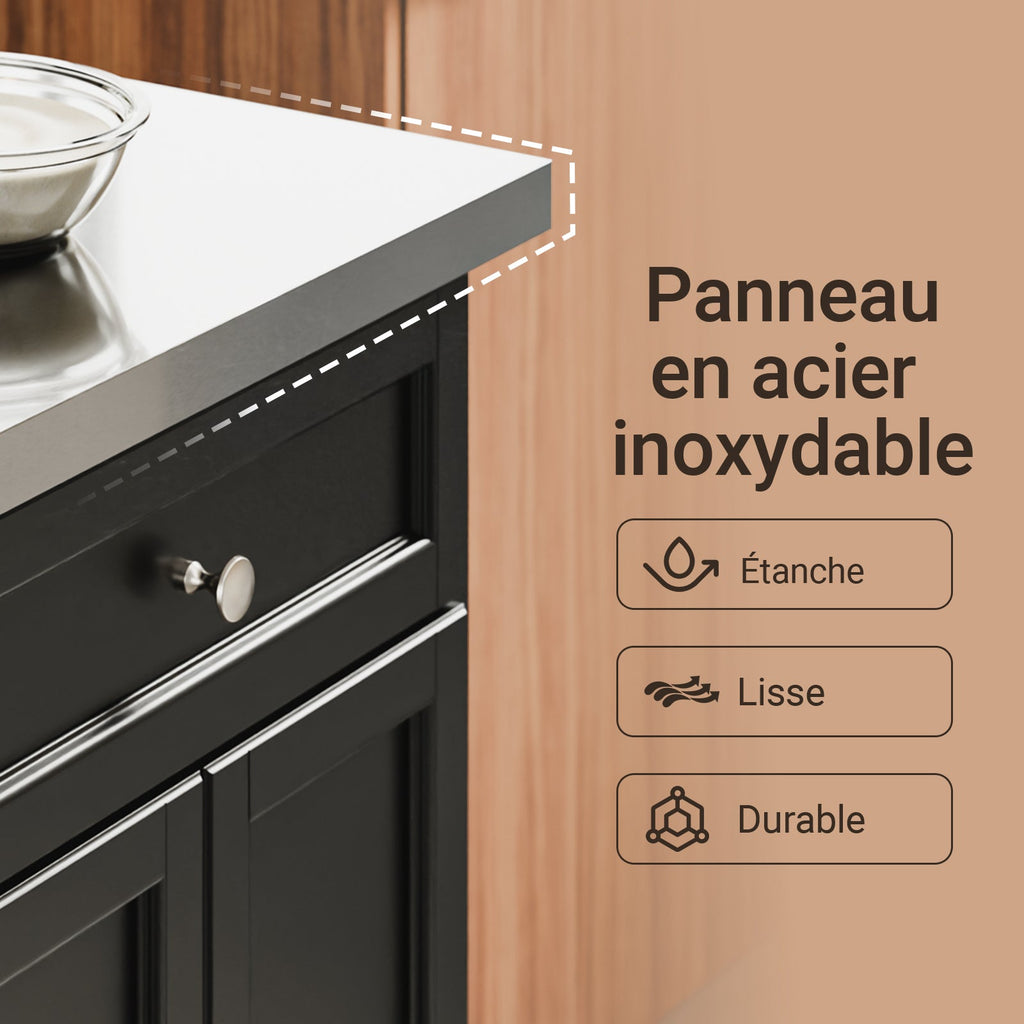 SoBuy FKW71-III-SCH Îlot de Cuisine Mobile avec Plan Inox Extensible 46–71 cm – 2 Tiroirs, Étagères Réglables, Noir