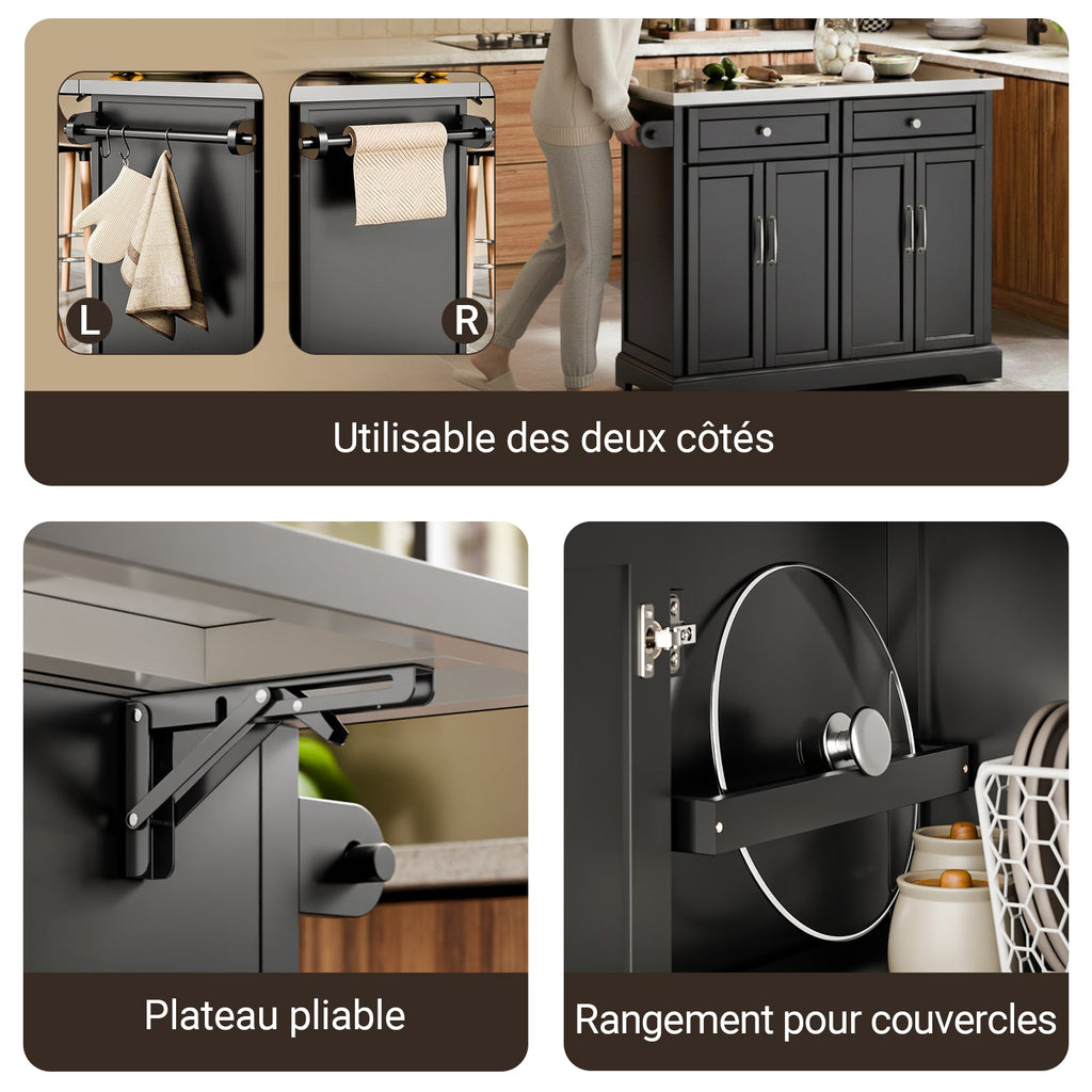 SoBuy FKW71-III-SCH Îlot de Cuisine Mobile avec Plan Inox Extensible 46–71 cm – 2 Tiroirs, Étagères Réglables, Noir