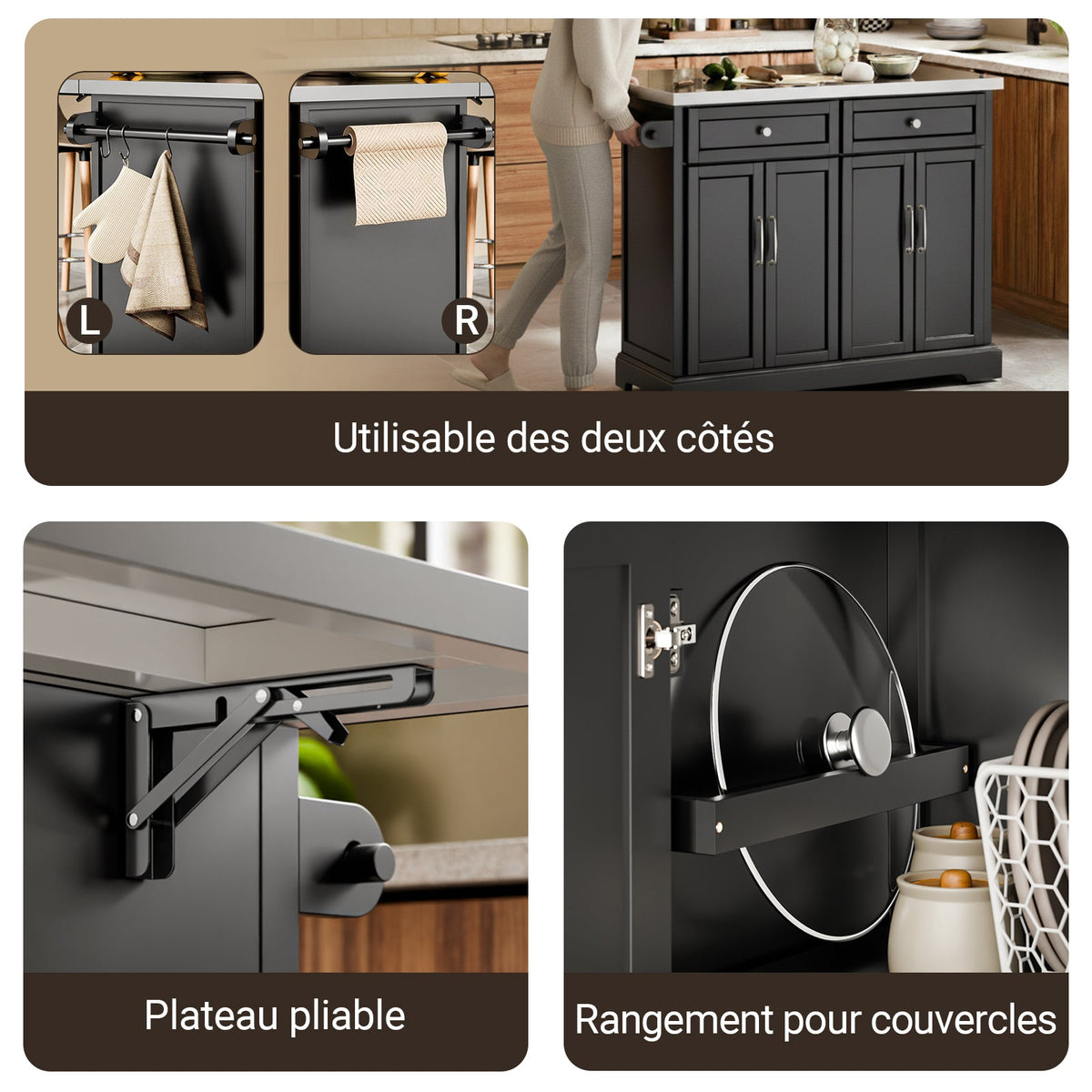 SoBuy FKW71-III-SCH Îlot de Cuisine Mobile avec Plan Inox Extensible 46–71 cm – 2 Tiroirs, Étagères Réglables, Noir