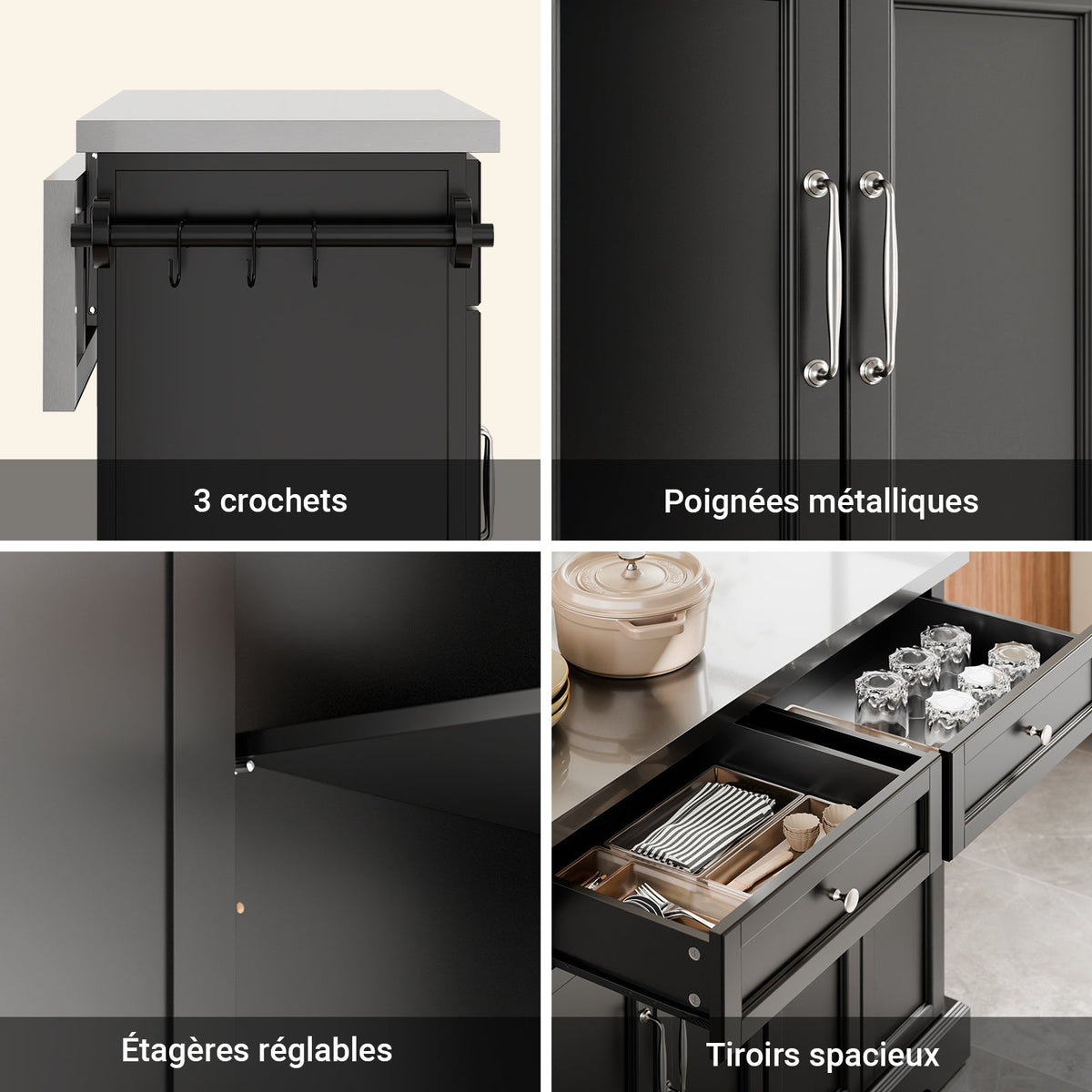 SoBuy FKW71-III-SCH Îlot de Cuisine Mobile avec Plan Inox Extensible 46–71 cm – 2 Tiroirs, Étagères Réglables, Noir
