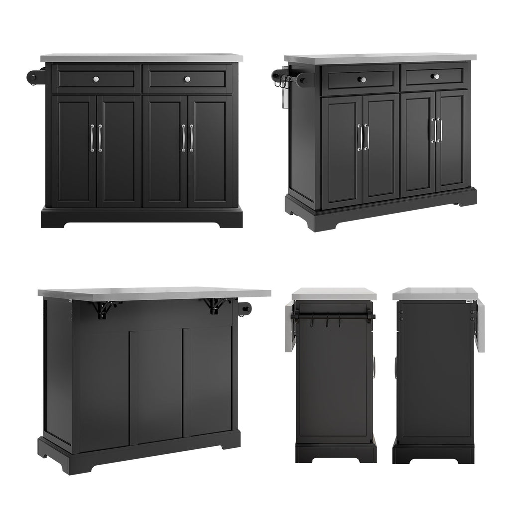 SoBuy FKW71-III-SCH Îlot de Cuisine Mobile avec Plan Inox Extensible 46–71 cm – 2 Tiroirs, Étagères Réglables, Noir