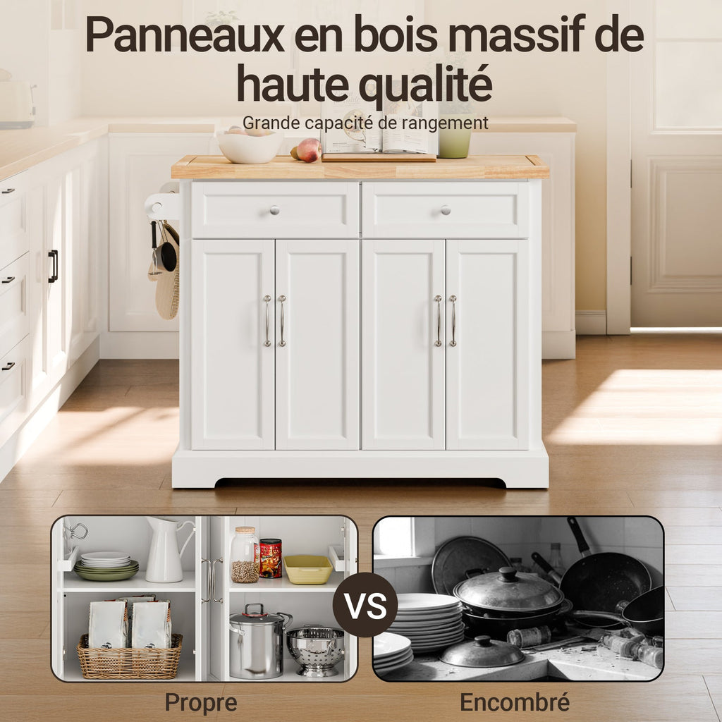 SoBuy FKW71-III-WN Îlot Cuisine Mobile avec Plan Extensible – Desserte Gain de Place, Blanc