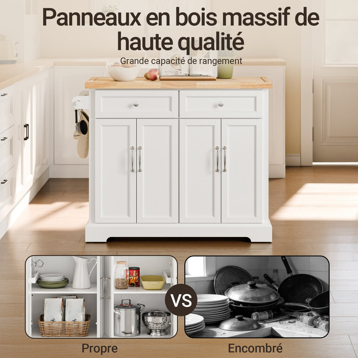 SoBuy FKW71-III-WN Îlot Cuisine Mobile avec Plan Extensible – Desserte Gain de Place, Blanc