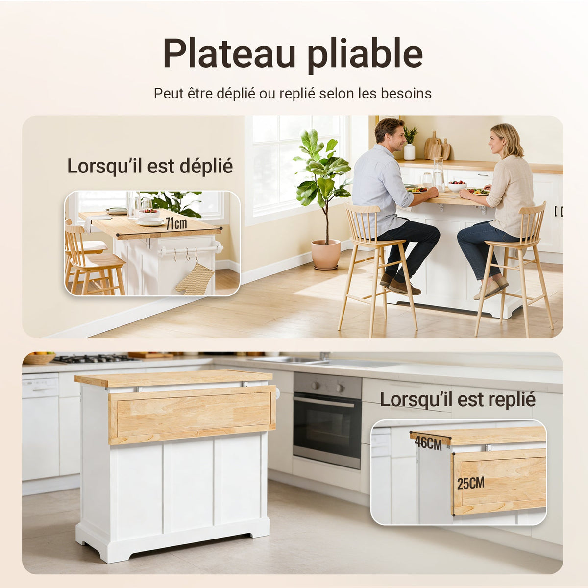 SoBuy FKW71-III-WN Îlot Cuisine Mobile avec Plan Extensible – Desserte Gain de Place, Blanc