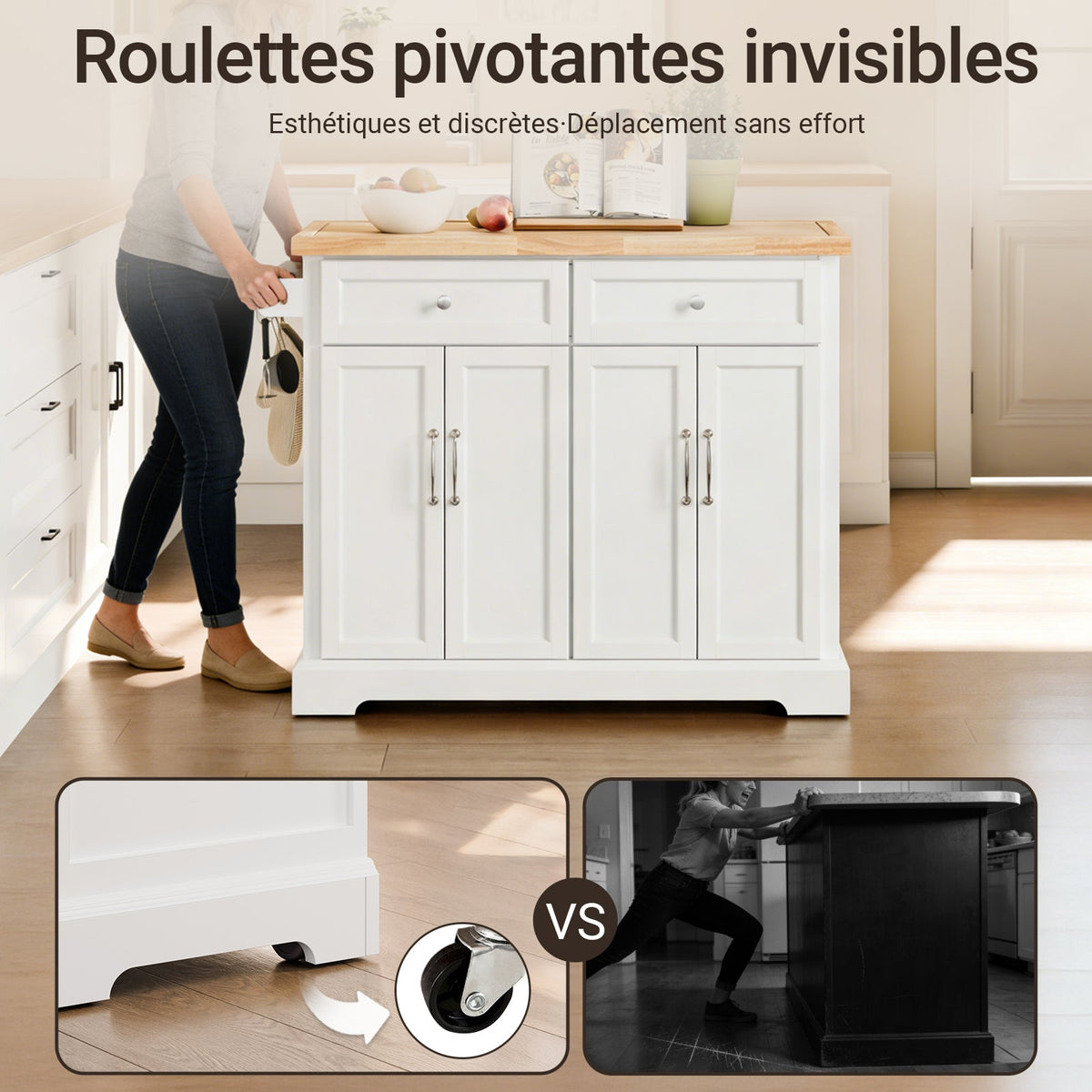 SoBuy FKW71-III-WN Îlot Cuisine Mobile avec Plan Extensible – Desserte Gain de Place, Blanc