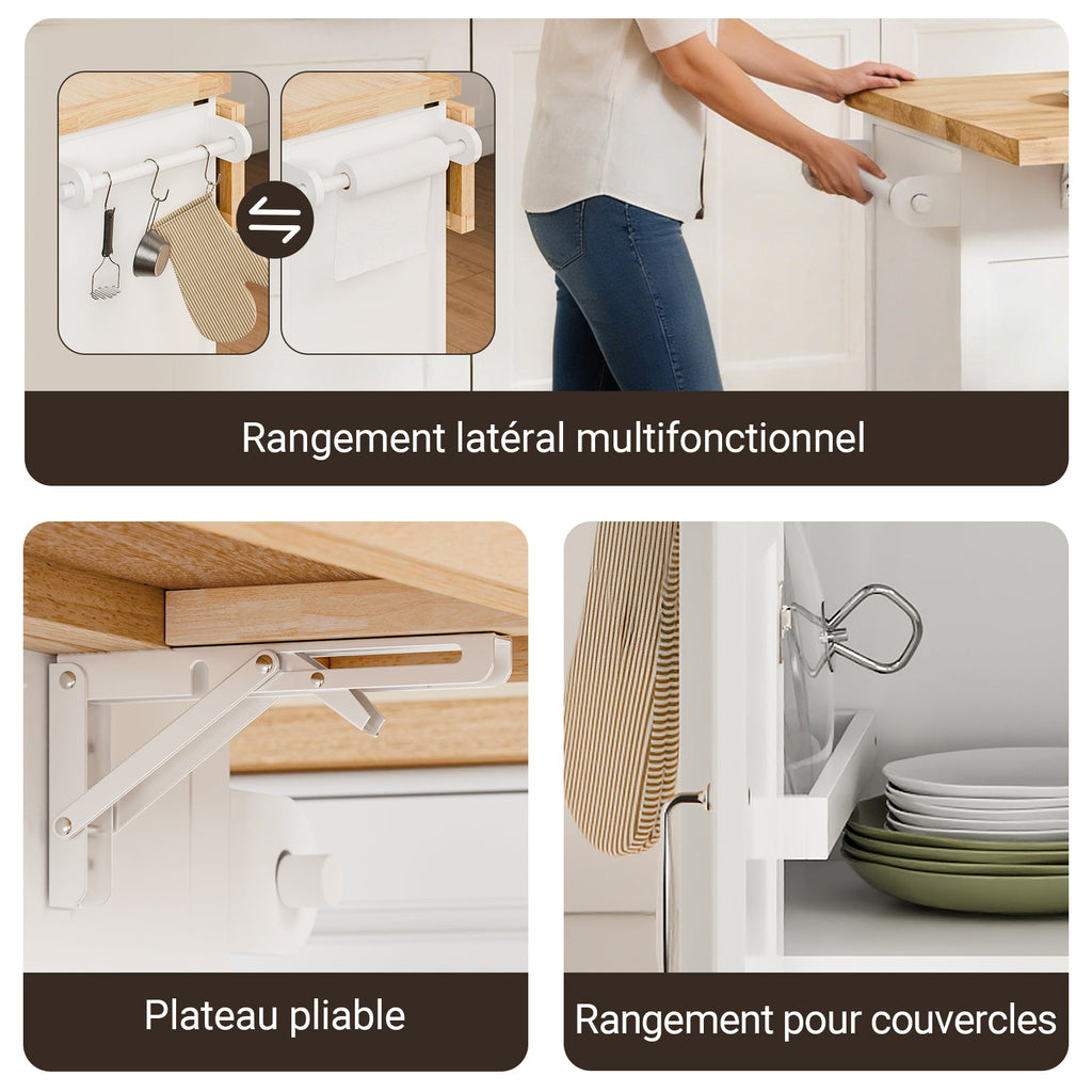 SoBuy FKW71-III-WN Îlot Cuisine Mobile avec Plan Extensible – Desserte Gain de Place, Blanc