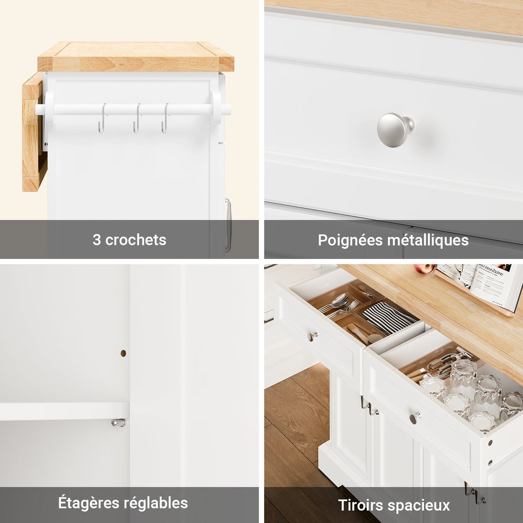 SoBuy FKW71-III-WN Îlot Cuisine Mobile avec Plan Extensible – Desserte Gain de Place, Blanc