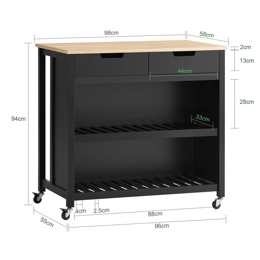 SoBuy FKW74-SCH Desserte Cuisine à Roulettes 94 cm avec 2 Tiroirs et 2 Étagères, Plan de Travail 60 kg – 4 Roulettes dont 2 Freinées, Noir
