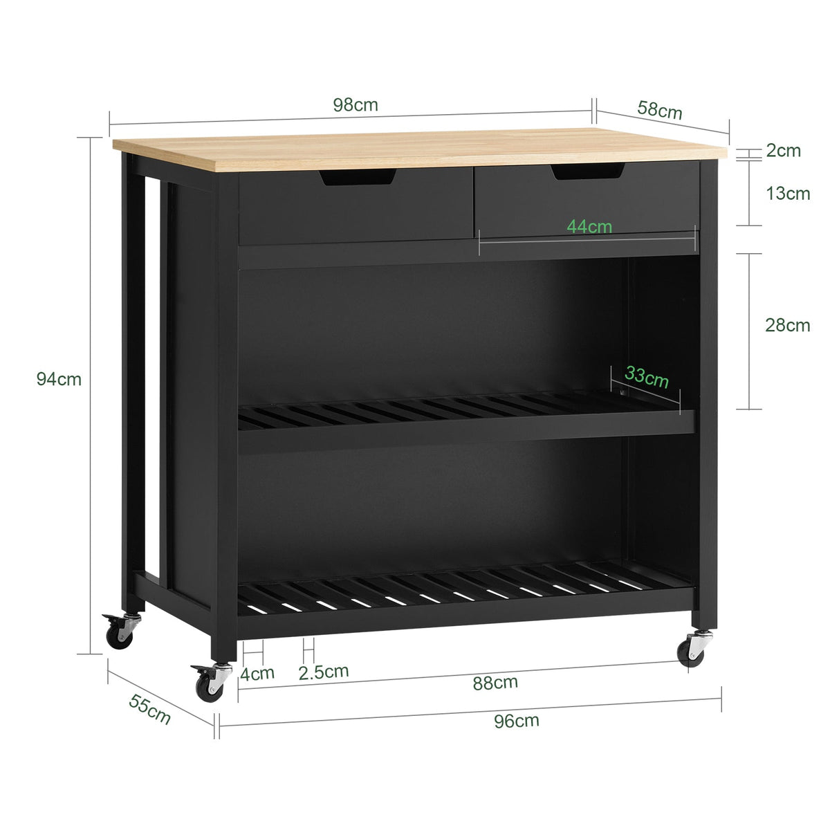 SoBuy FKW74-SCH Desserte Cuisine à Roulettes 94 cm avec 2 Tiroirs et 2 Étagères, Plan de Travail 60 kg – 4 Roulettes dont 2 Freinées, Noir