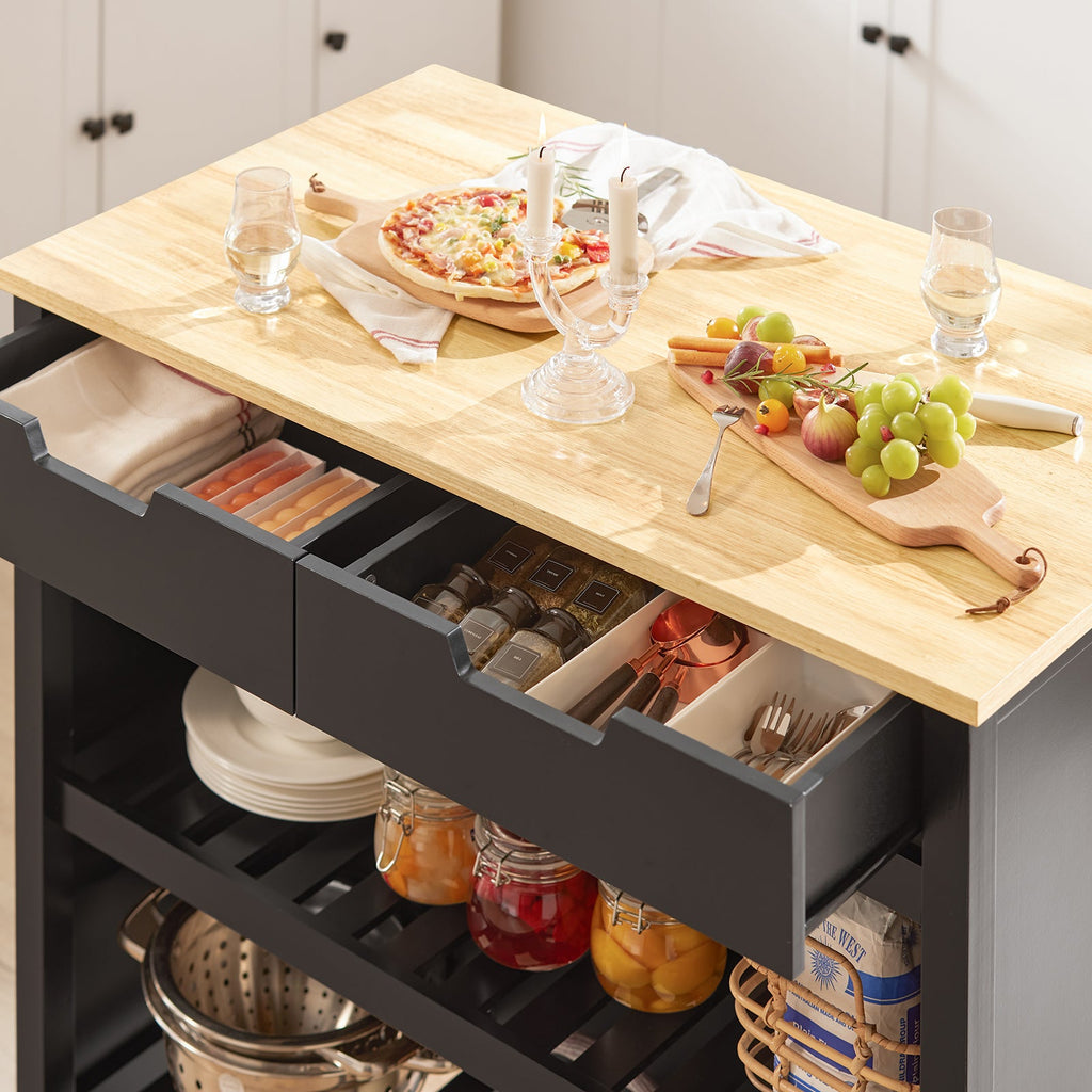 SoBuy FKW74-SCH Desserte Cuisine à Roulettes 94 cm avec 2 Tiroirs et 2 Étagères, Plan de Travail 60 kg – 4 Roulettes dont 2 Freinées, Noir