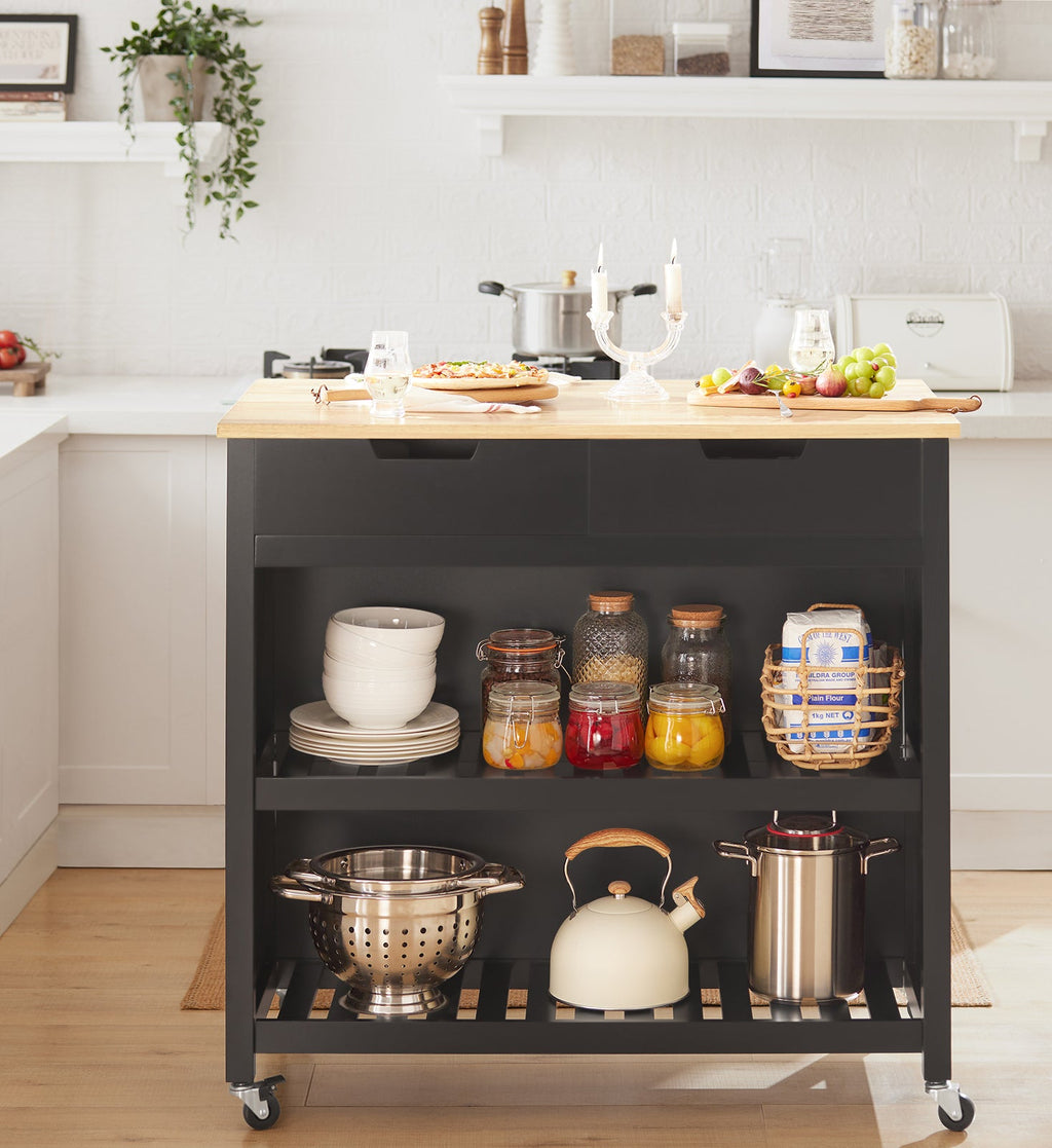 SoBuy FKW74-SCH Desserte Cuisine à Roulettes 94 cm avec 2 Tiroirs et 2 Étagères, Plan de Travail 60 kg – 4 Roulettes dont 2 Freinées, Noir