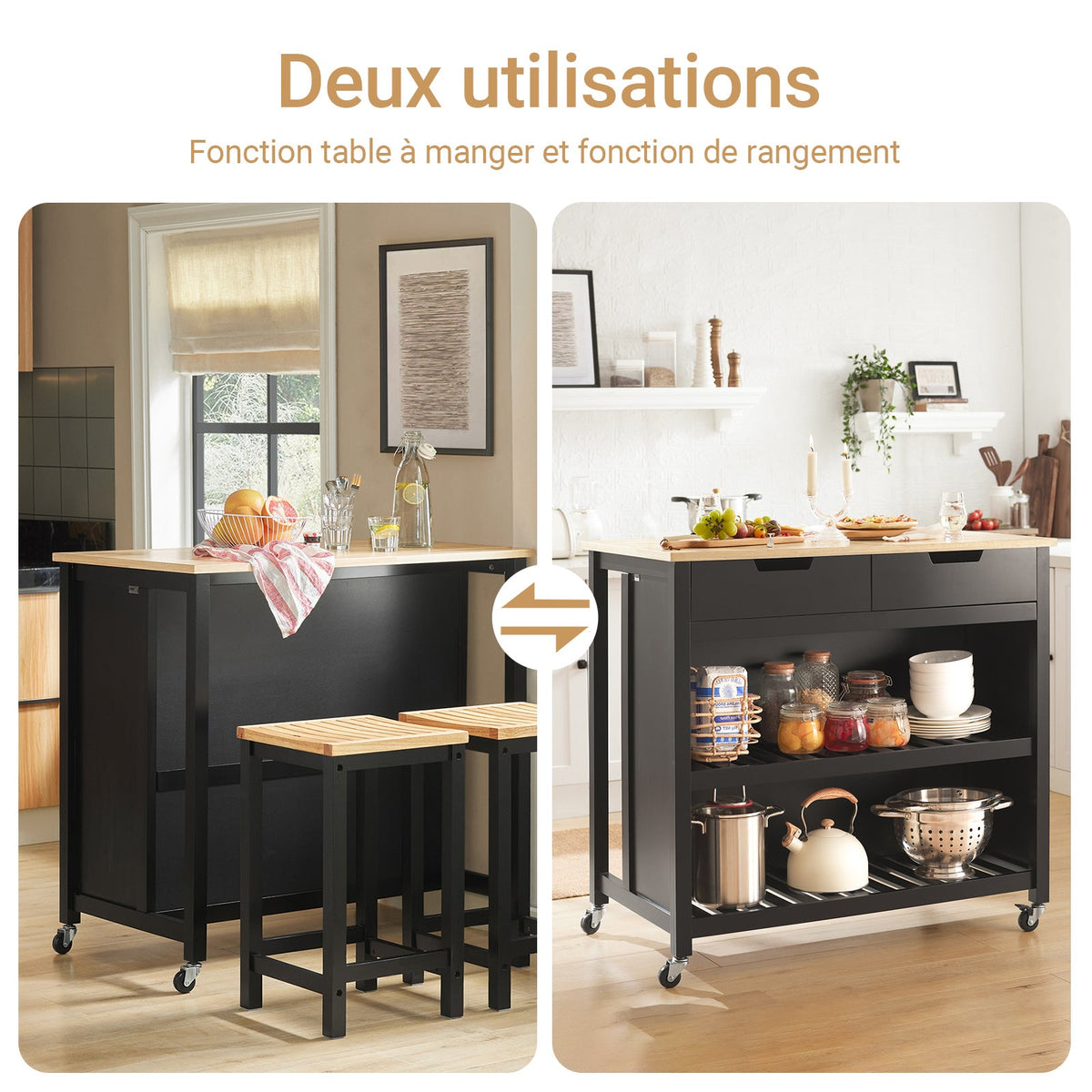 SoBuy FKW74-SCH Desserte Cuisine à Roulettes 94 cm avec 2 Tiroirs et 2 Étagères, Plan de Travail 60 kg – 4 Roulettes dont 2 Freinées, Noir