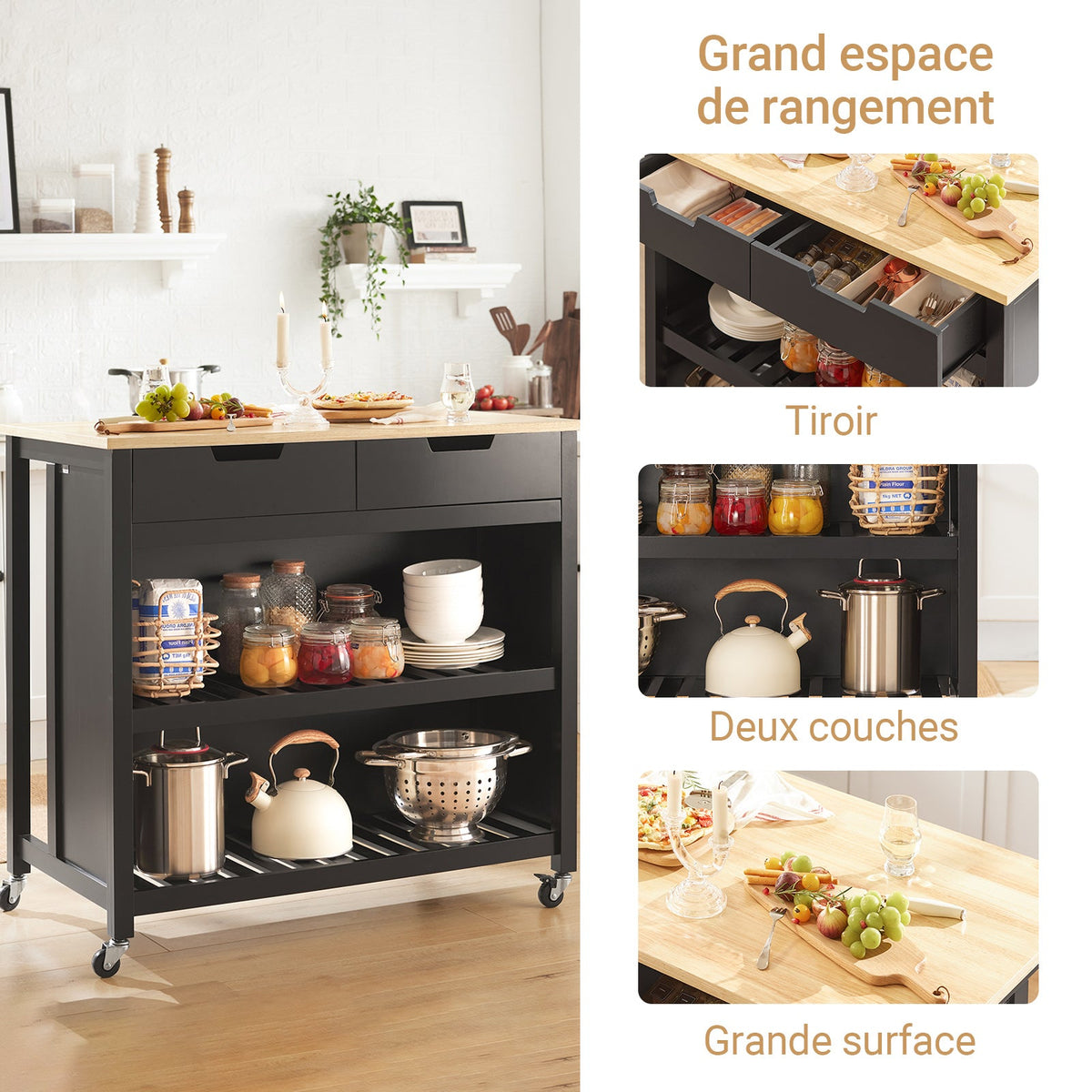 SoBuy FKW74-SCH Desserte Cuisine à Roulettes 94 cm avec 2 Tiroirs et 2 Étagères, Plan de Travail 60 kg – 4 Roulettes dont 2 Freinées, Noir