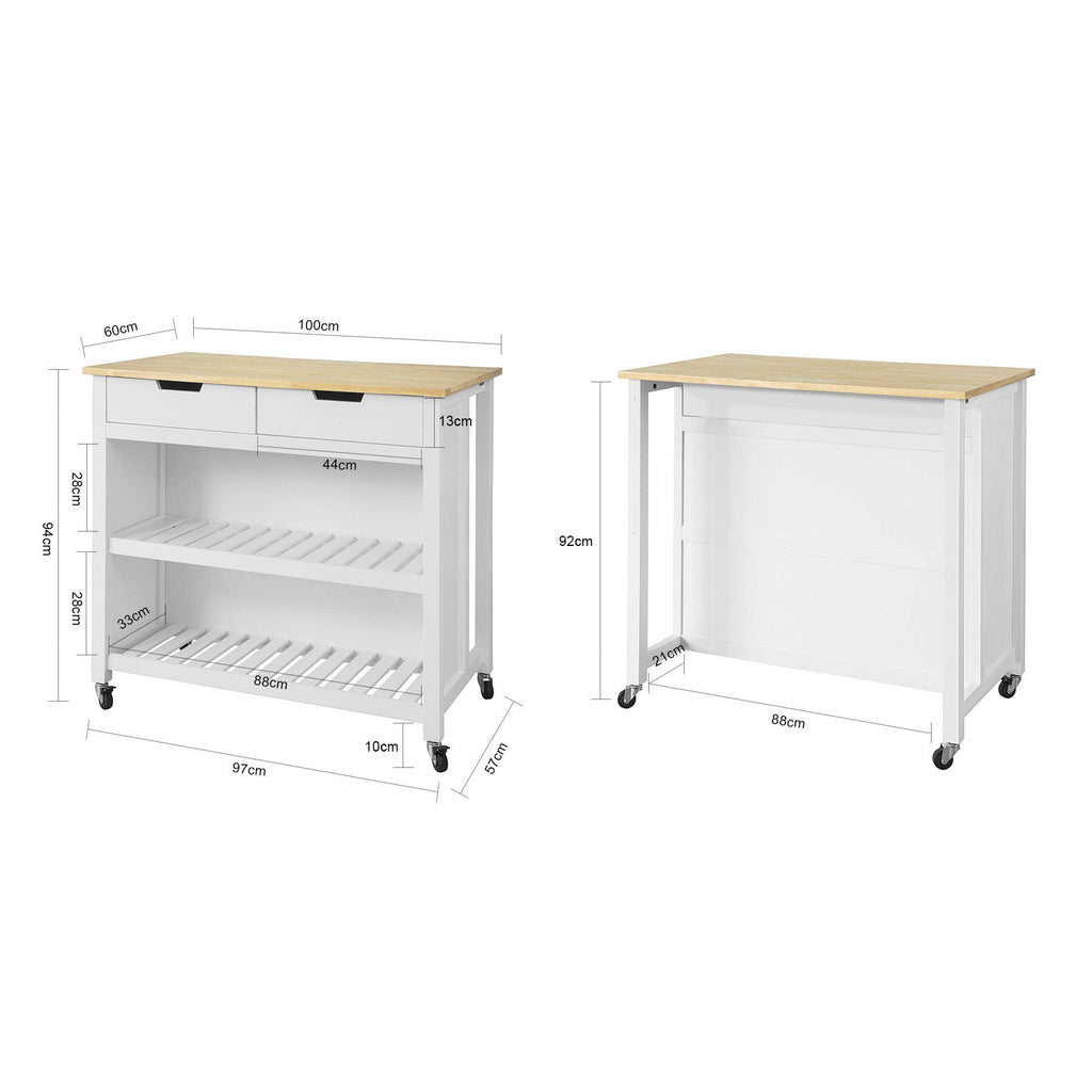 SoBuy FKW74-WN Desserte de Cuisine à Roulettes – Plan de Travail 100×60 cm, 2 Tiroirs, 2 Étagères, Charge 60 kg, Blanc