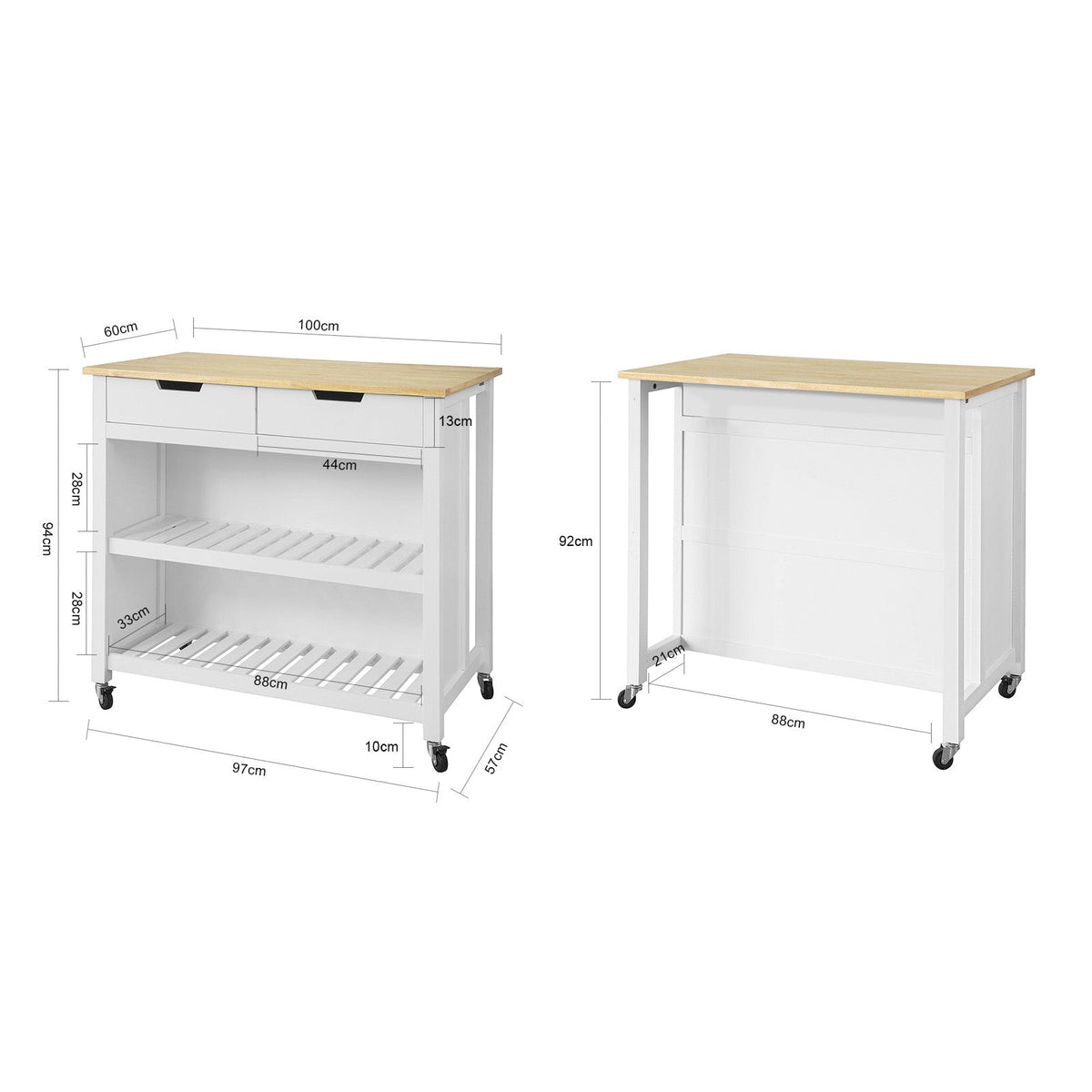 SoBuy FKW74-WN Desserte de Cuisine à Roulettes – Plan de Travail 100×60 cm, 2 Tiroirs, 2 Étagères, Charge 60 kg, Blanc