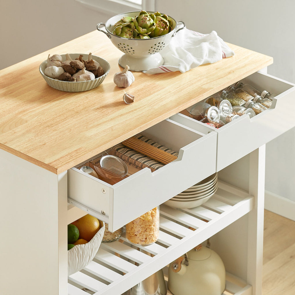 SoBuy FKW74-WN Desserte de Cuisine à Roulettes – Plan de Travail 100×60 cm, 2 Tiroirs, 2 Étagères, Charge 60 kg, Blanc
