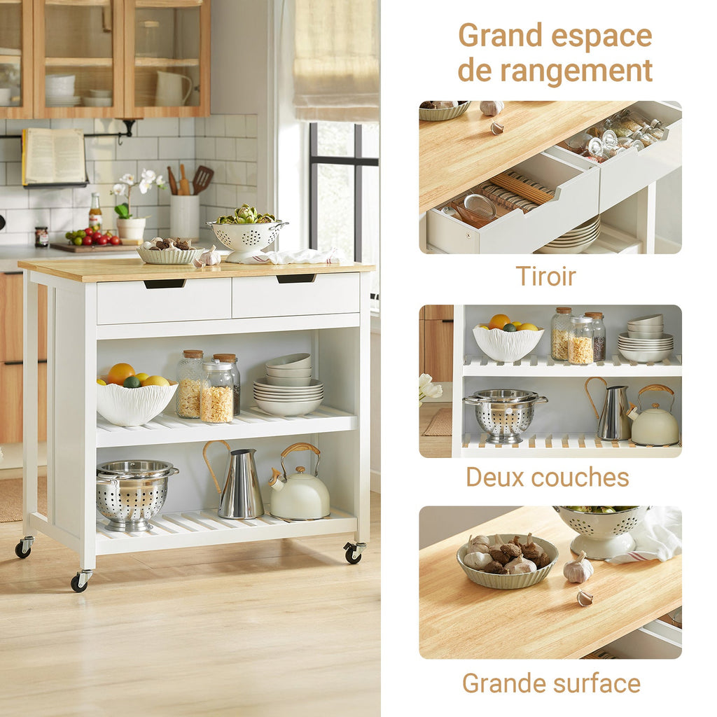 SoBuy FKW74-WN Desserte de Cuisine à Roulettes – Plan de Travail 100×60 cm, 2 Tiroirs, 2 Étagères, Charge 60 kg, Blanc