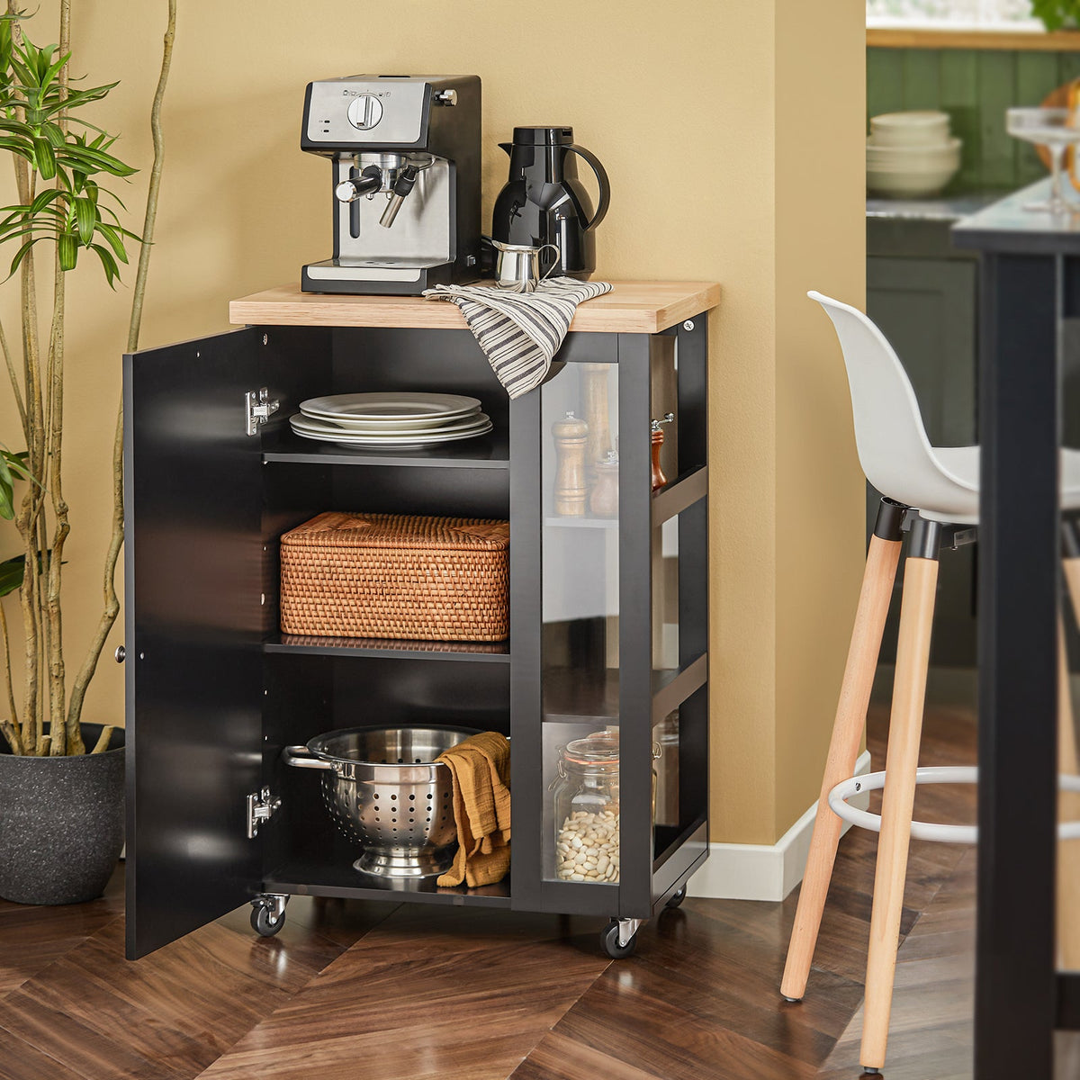 SoBuy FKW75-SCH Desserte de Cuisine à Roulettes – Plan de Travail, Placard et Étagères – Noir