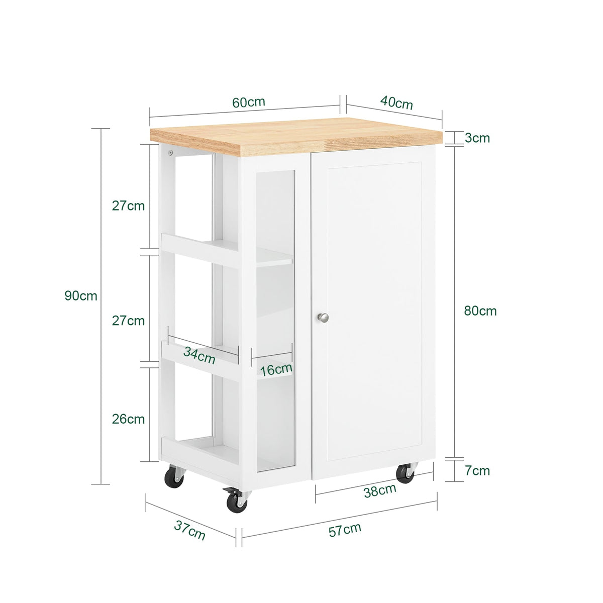 SoBuy FKW75-WN Desserte de Cuisine à Roulettes avec Placard et Étagère Latérale 3 Niveaux – Blanc/Naturel, 60 × 40 × 92 cm