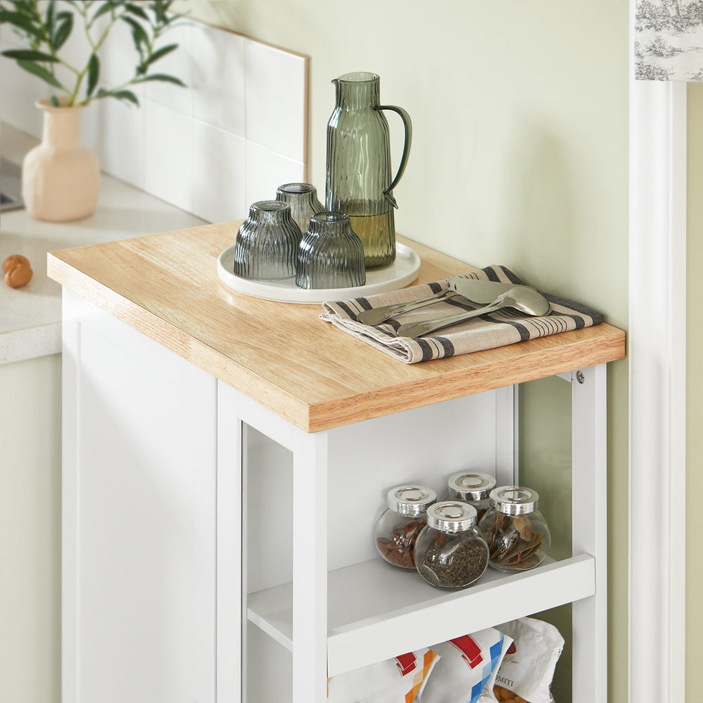 SoBuy FKW75-WN Desserte de Cuisine à Roulettes avec Placard et Étagère Latérale 3 Niveaux – Blanc/Naturel, 60 × 40 × 92 cm