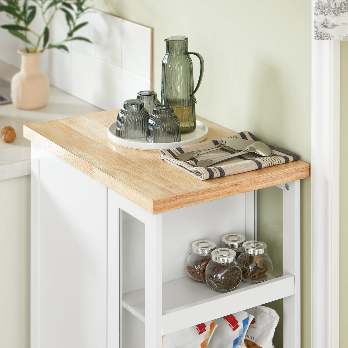 SoBuy FKW75-WN Desserte de Cuisine à Roulettes avec Placard et Étagère Latérale 3 Niveaux – Blanc/Naturel, 60 × 40 × 92 cm