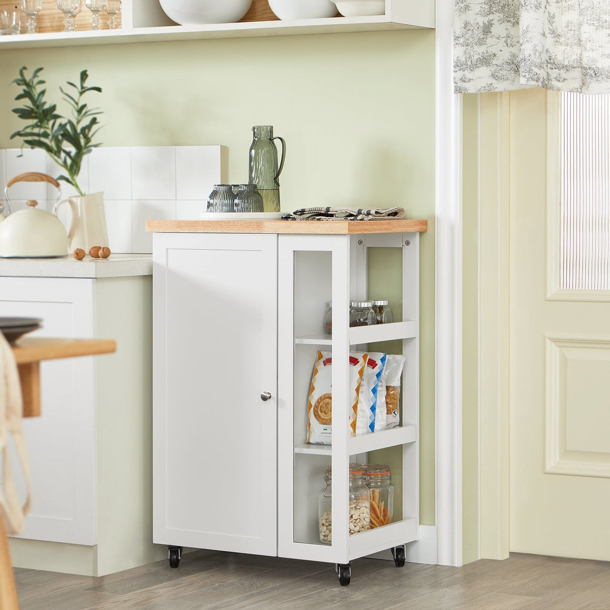 SoBuy FKW75-WN Desserte de Cuisine à Roulettes avec Placard et Étagère Latérale 3 Niveaux – Blanc/Naturel, 60 × 40 × 92 cm
