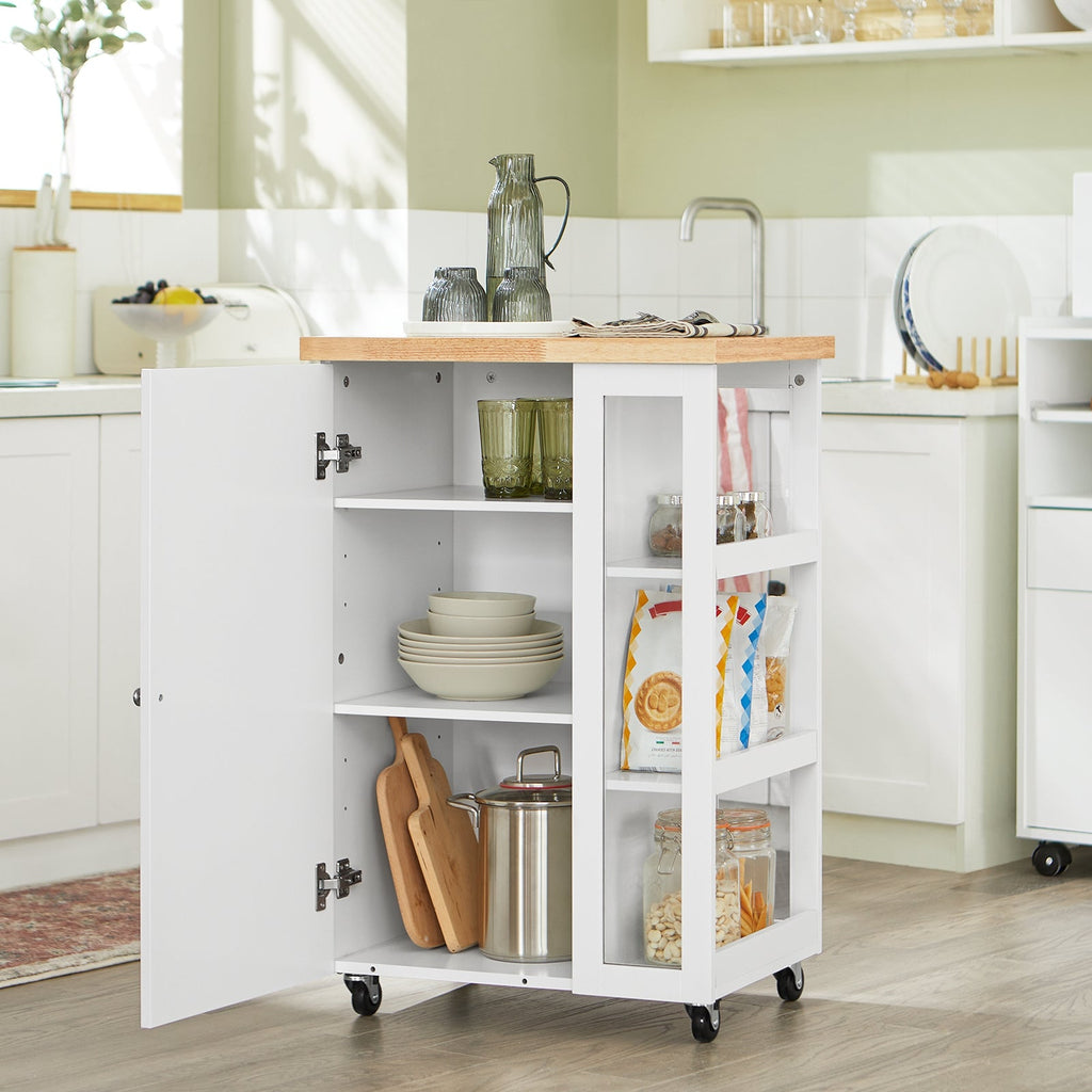 SoBuy FKW75-WN Desserte de Cuisine à Roulettes avec Placard et Étagère Latérale 3 Niveaux – Blanc/Naturel, 60 × 40 × 92 cm