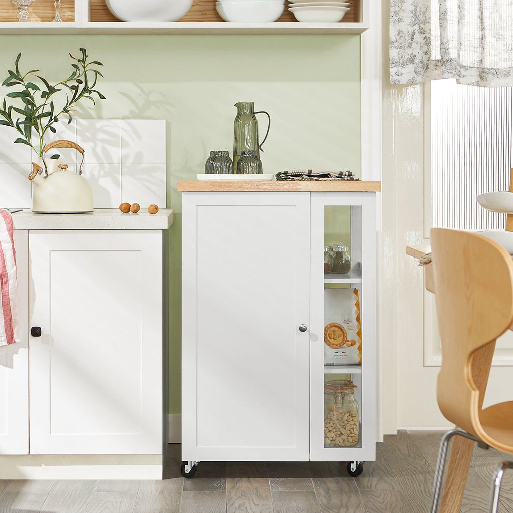 SoBuy FKW75-WN Desserte de Cuisine à Roulettes avec Placard et Étagère Latérale 3 Niveaux – Blanc/Naturel, 60 × 40 × 92 cm
