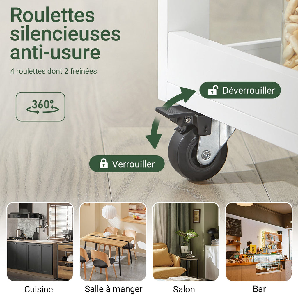 SoBuy FKW75-WN Desserte de Cuisine à Roulettes avec Placard et Étagère Latérale 3 Niveaux – Blanc/Naturel, 60 × 40 × 92 cm