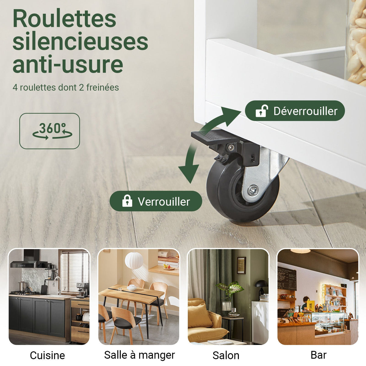 SoBuy FKW75-WN Desserte de Cuisine à Roulettes avec Placard et Étagère Latérale 3 Niveaux – Blanc/Naturel, 60 × 40 × 92 cm