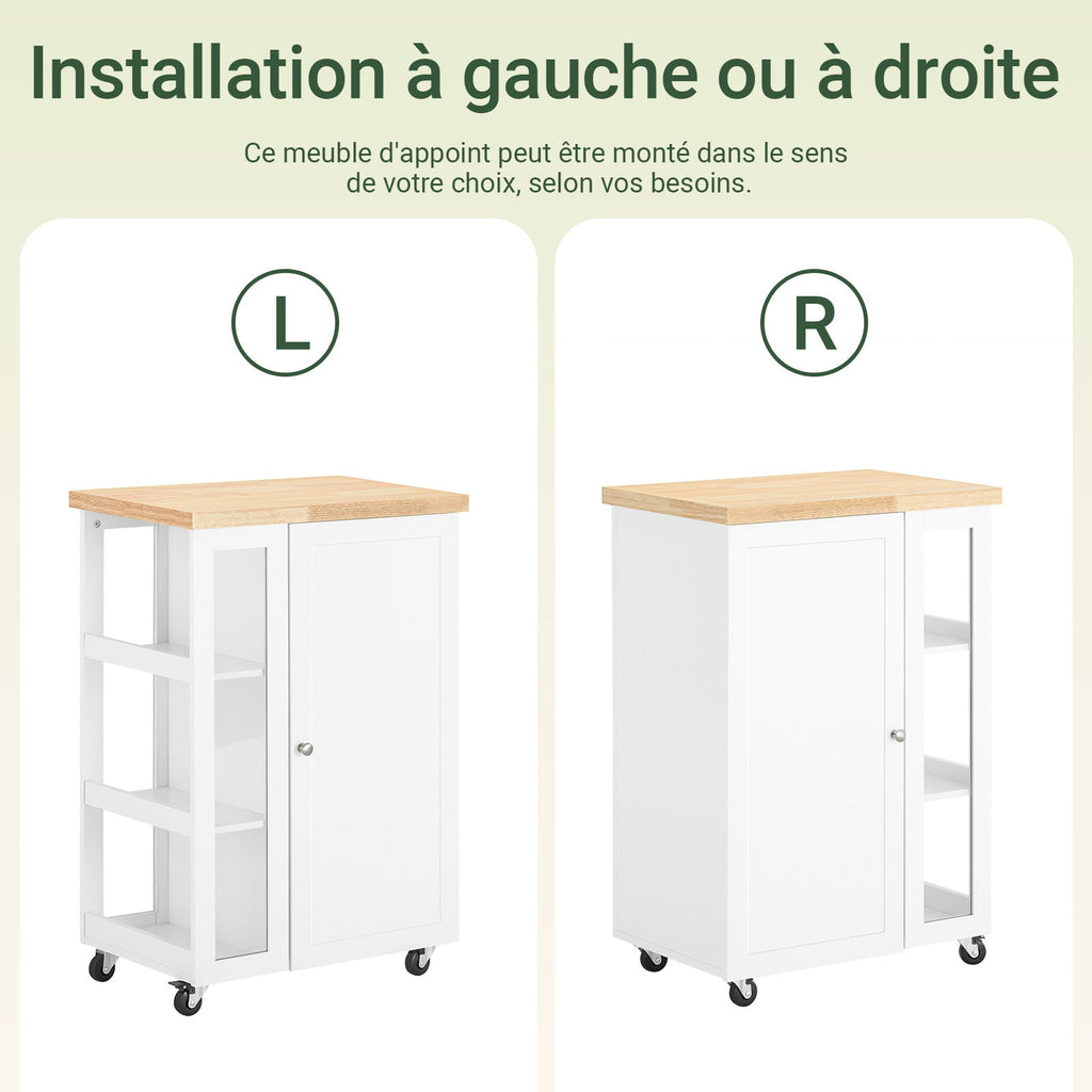 SoBuy FKW75-WN Desserte de Cuisine à Roulettes avec Placard et Étagère Latérale 3 Niveaux – Blanc/Naturel, 60 × 40 × 92 cm