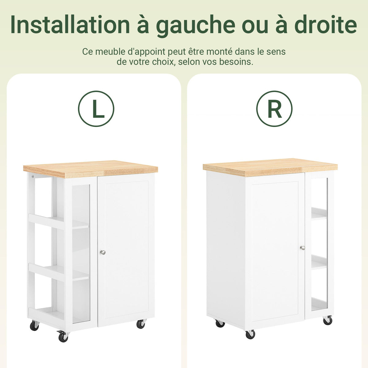 SoBuy FKW75-WN Desserte de Cuisine à Roulettes avec Placard et Étagère Latérale 3 Niveaux – Blanc/Naturel, 60 × 40 × 92 cm