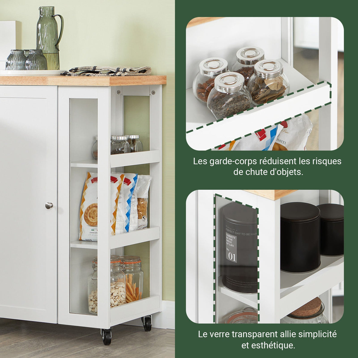 SoBuy FKW75-WN Desserte de Cuisine à Roulettes avec Placard et Étagère Latérale 3 Niveaux – Blanc/Naturel, 60 × 40 × 92 cm