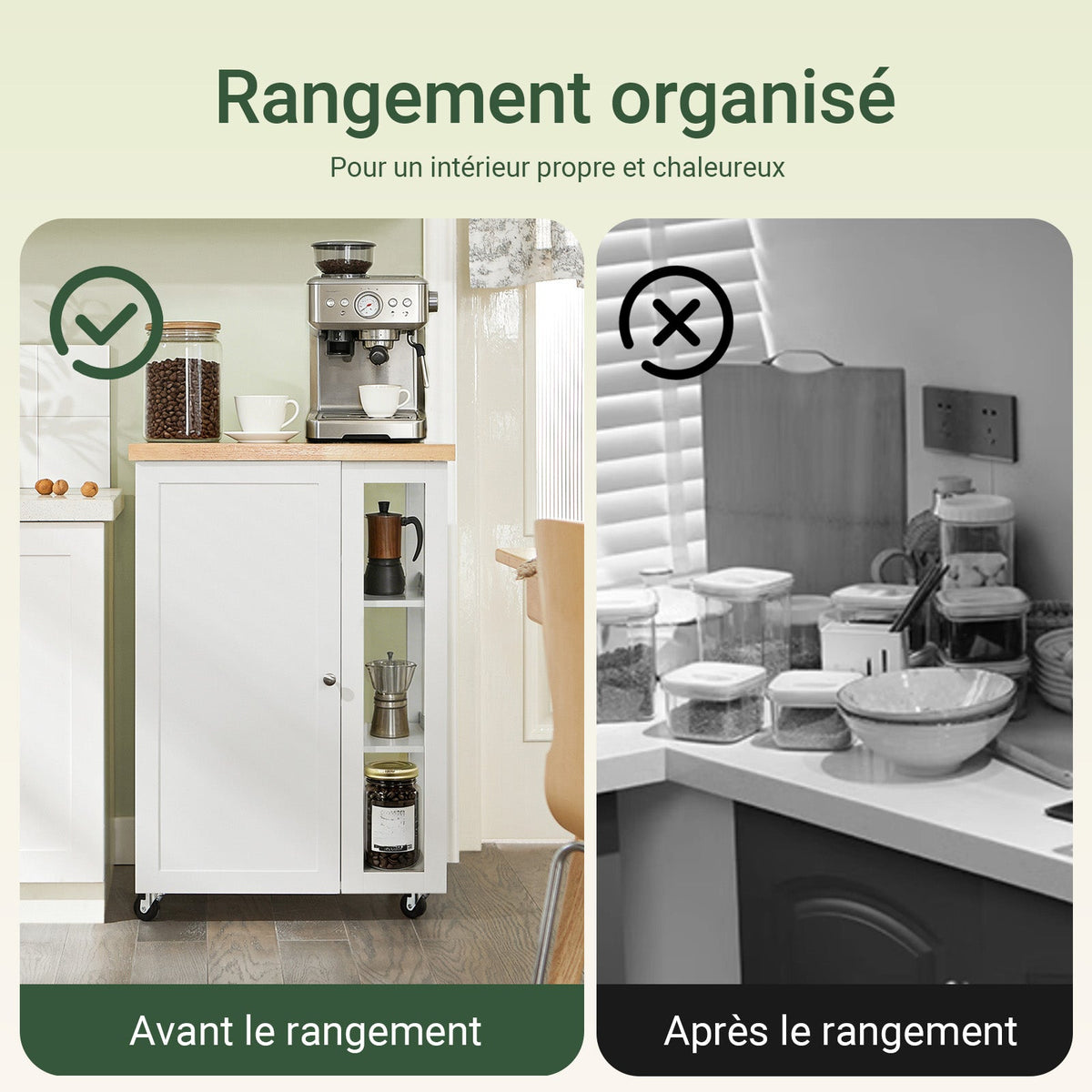 SoBuy FKW75-WN Desserte de Cuisine à Roulettes avec Placard et Étagère Latérale 3 Niveaux – Blanc/Naturel, 60 × 40 × 92 cm