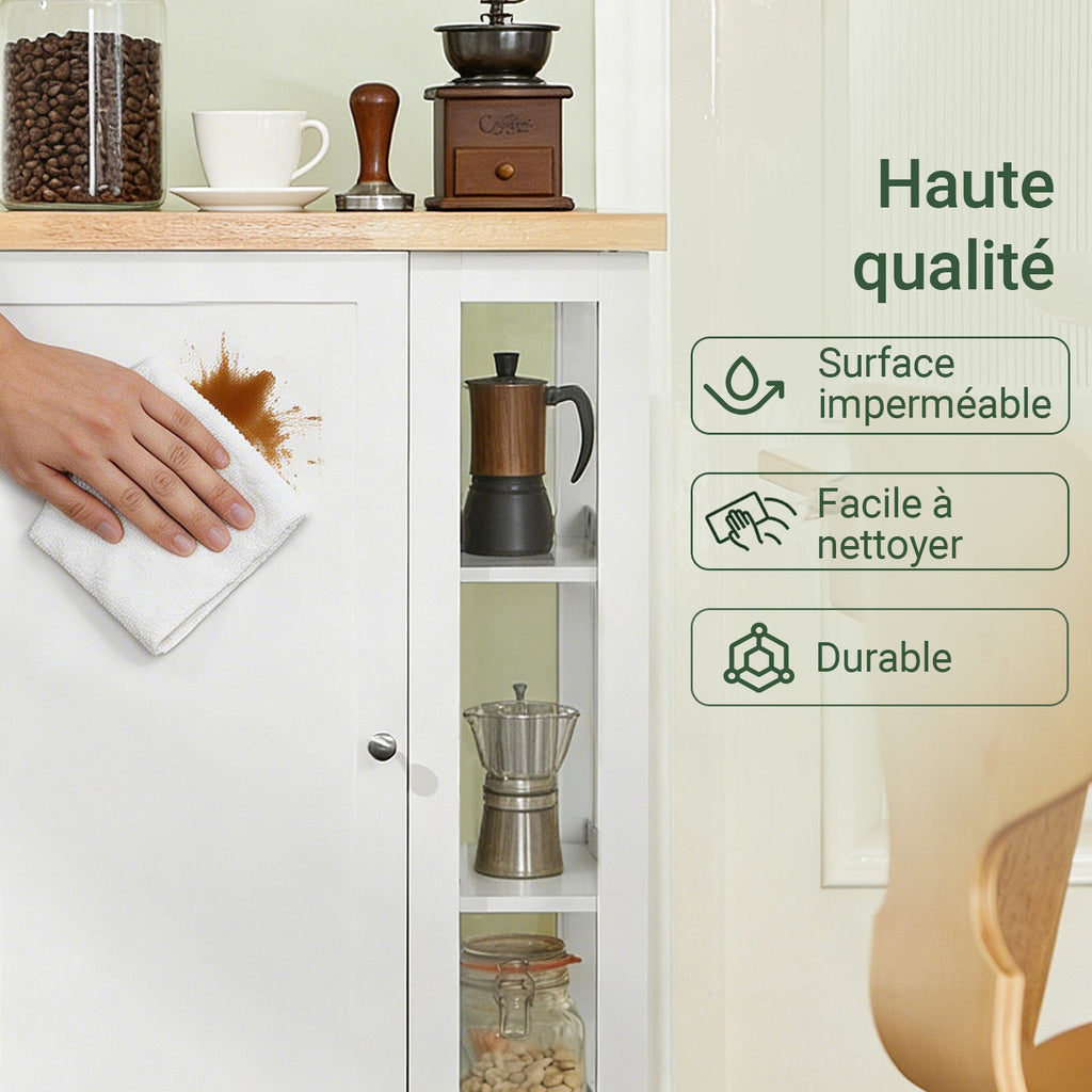 SoBuy FKW75-WN Desserte de Cuisine à Roulettes avec Placard et Étagère Latérale 3 Niveaux – Blanc/Naturel, 60 × 40 × 92 cm