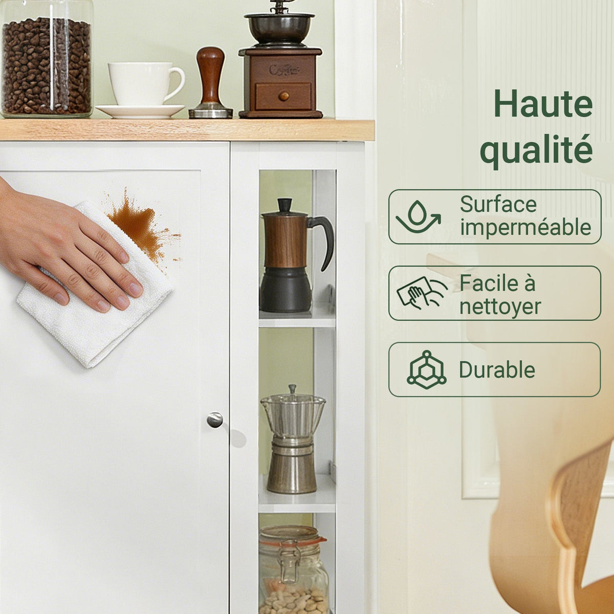 SoBuy FKW75-WN Desserte de Cuisine à Roulettes avec Placard et Étagère Latérale 3 Niveaux – Blanc/Naturel, 60 × 40 × 92 cm