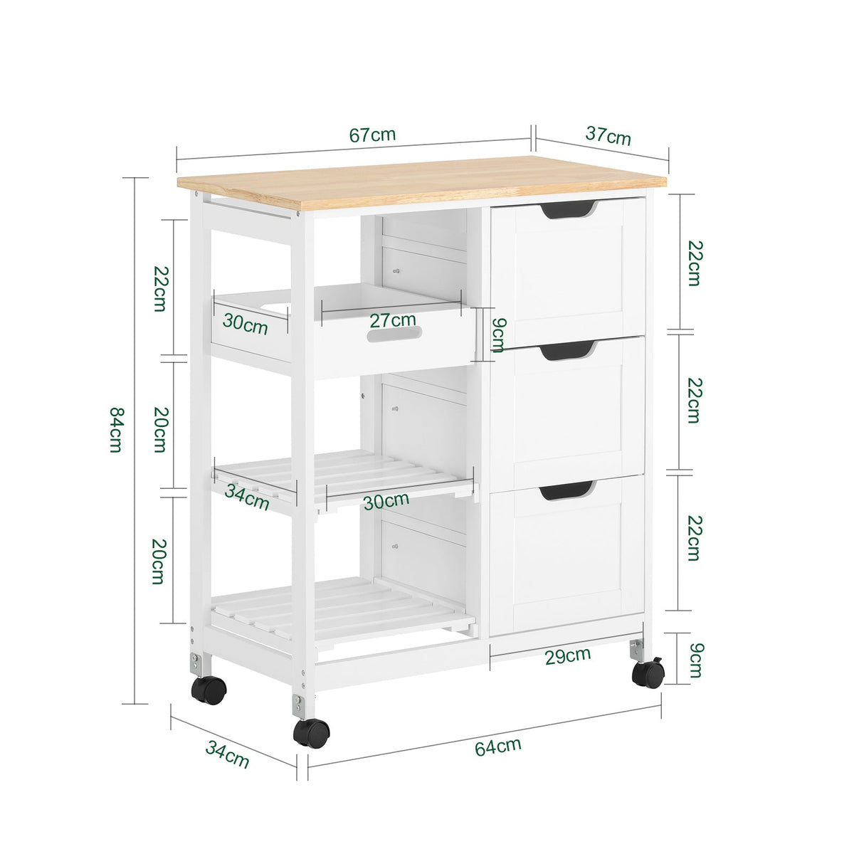 SoBuy FKW79-W Desserte Cuisine avec Roulettes et 3 Tiroirs, Mobile, pour Cuisine et Salle à Manger, Rangement Optimisé, Usage Quotidien – L68×P38×H85 cm, Blanc