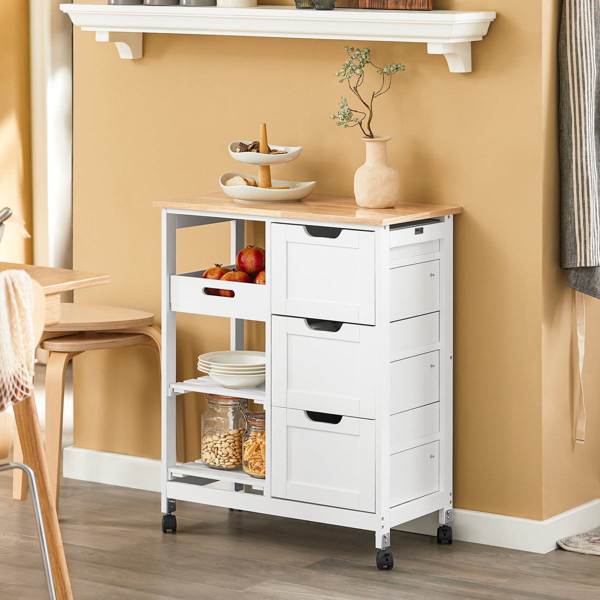 SoBuy FKW79-W Desserte Cuisine avec Roulettes et 3 Tiroirs, Mobile, pour Cuisine et Salle à Manger, Rangement Optimisé, Usage Quotidien – L68×P38×H85 cm, Blanc