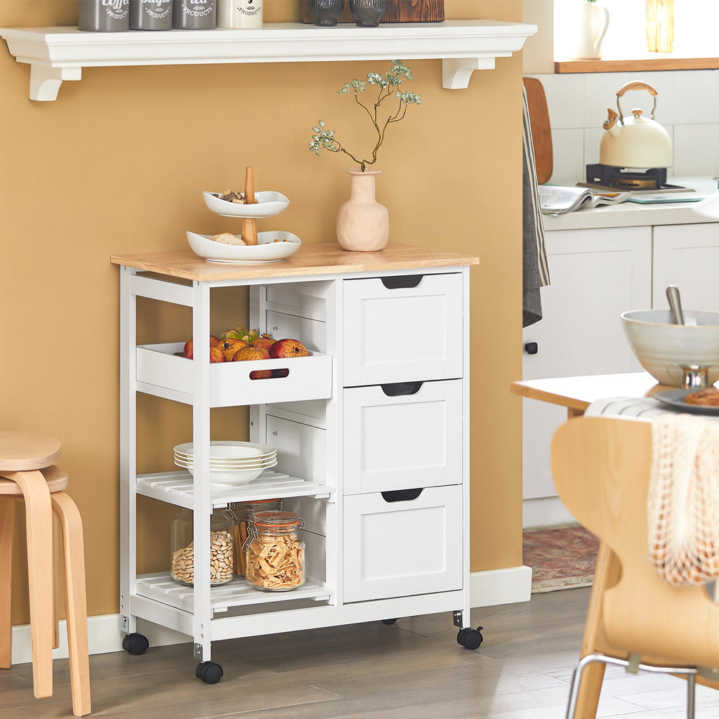 SoBuy FKW79-W Desserte Cuisine avec Roulettes et 3 Tiroirs, Mobile, pour Cuisine et Salle à Manger, Rangement Optimisé, Usage Quotidien – L68×P38×H85 cm, Blanc