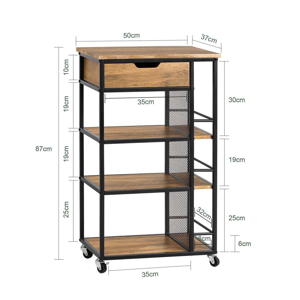 SoBuy FKW99-N Desserte de Cuisine Roulante Chariot de Service Meuble de Rangement à roulettes Multifonctionnel avec 1Tiroir, 3 Etagères et Etagères latérales, 50x37x87 cm