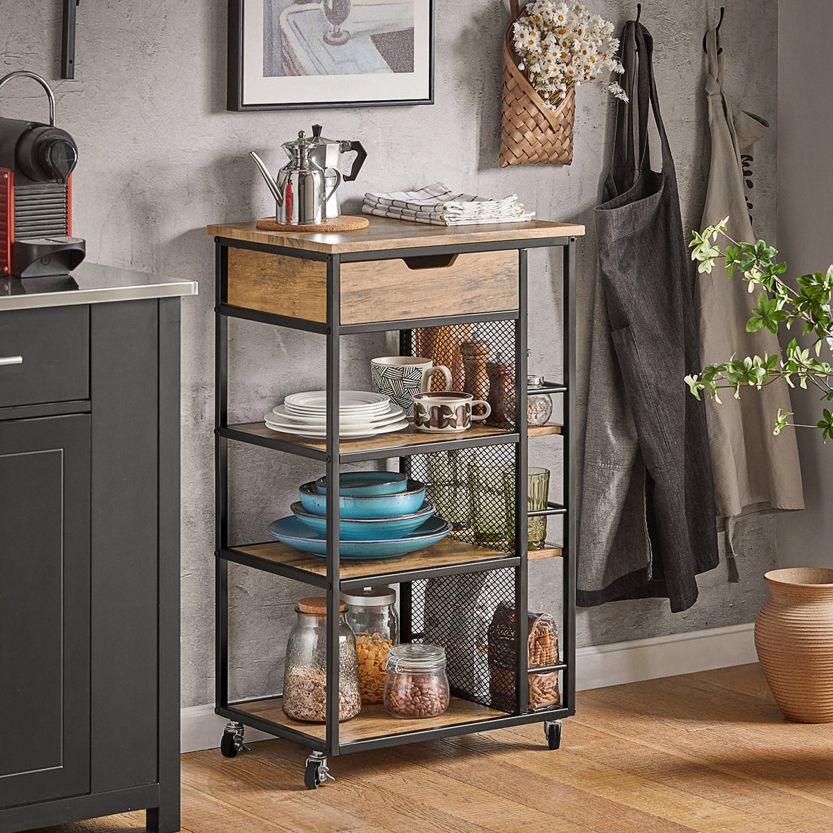 SoBuy FKW99-N Desserte de Cuisine Roulante Chariot de Service Meuble de Rangement à roulettes Multifonctionnel avec 1Tiroir, 3 Etagères et Etagères latérales, 50x37x87 cm