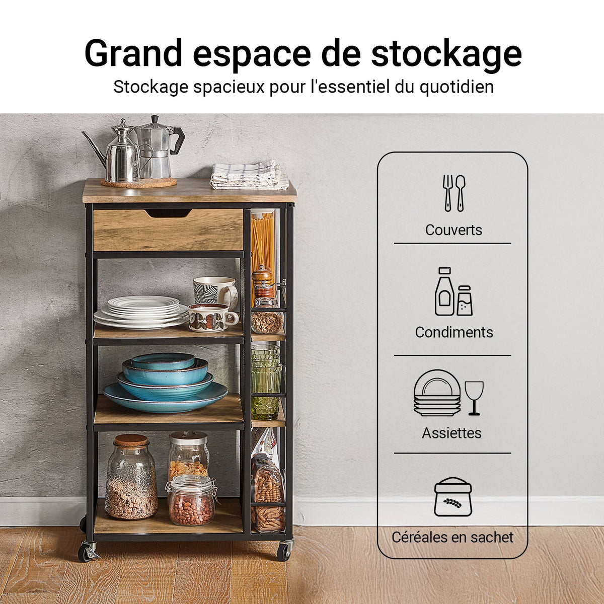 SoBuy FKW99-N Desserte de Cuisine Roulante Chariot de Service Meuble de Rangement à roulettes Multifonctionnel avec 1Tiroir, 3 Etagères et Etagères latérales, 50x37x87 cm
