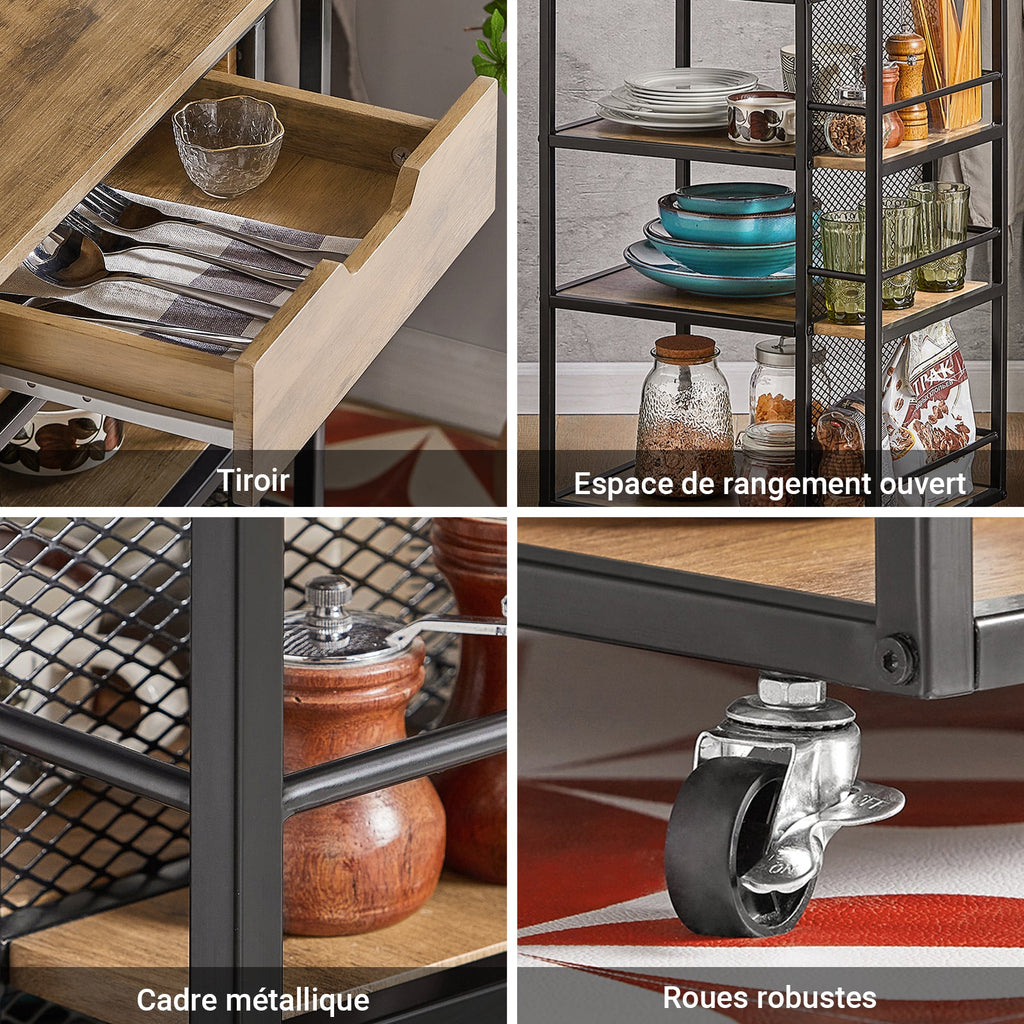 SoBuy FKW99-N Desserte de Cuisine Roulante Chariot de Service Meuble de Rangement à roulettes Multifonctionnel avec 1Tiroir, 3 Etagères et Etagères latérales, 50x37x87 cm